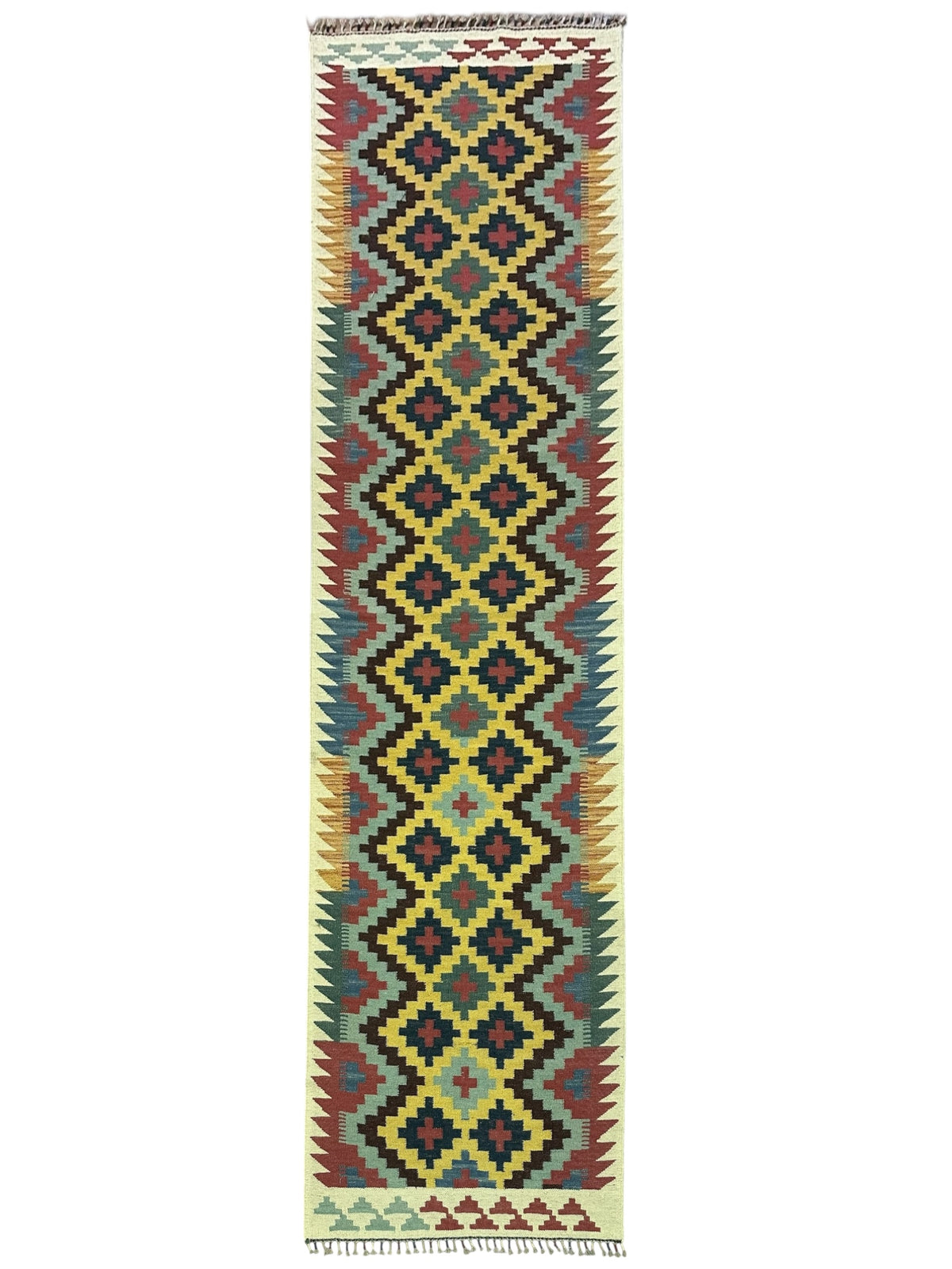 Afghan Kilim Runner 3x10, Navy, Yellow & Purple, Hand-Woven Wool Flatweave