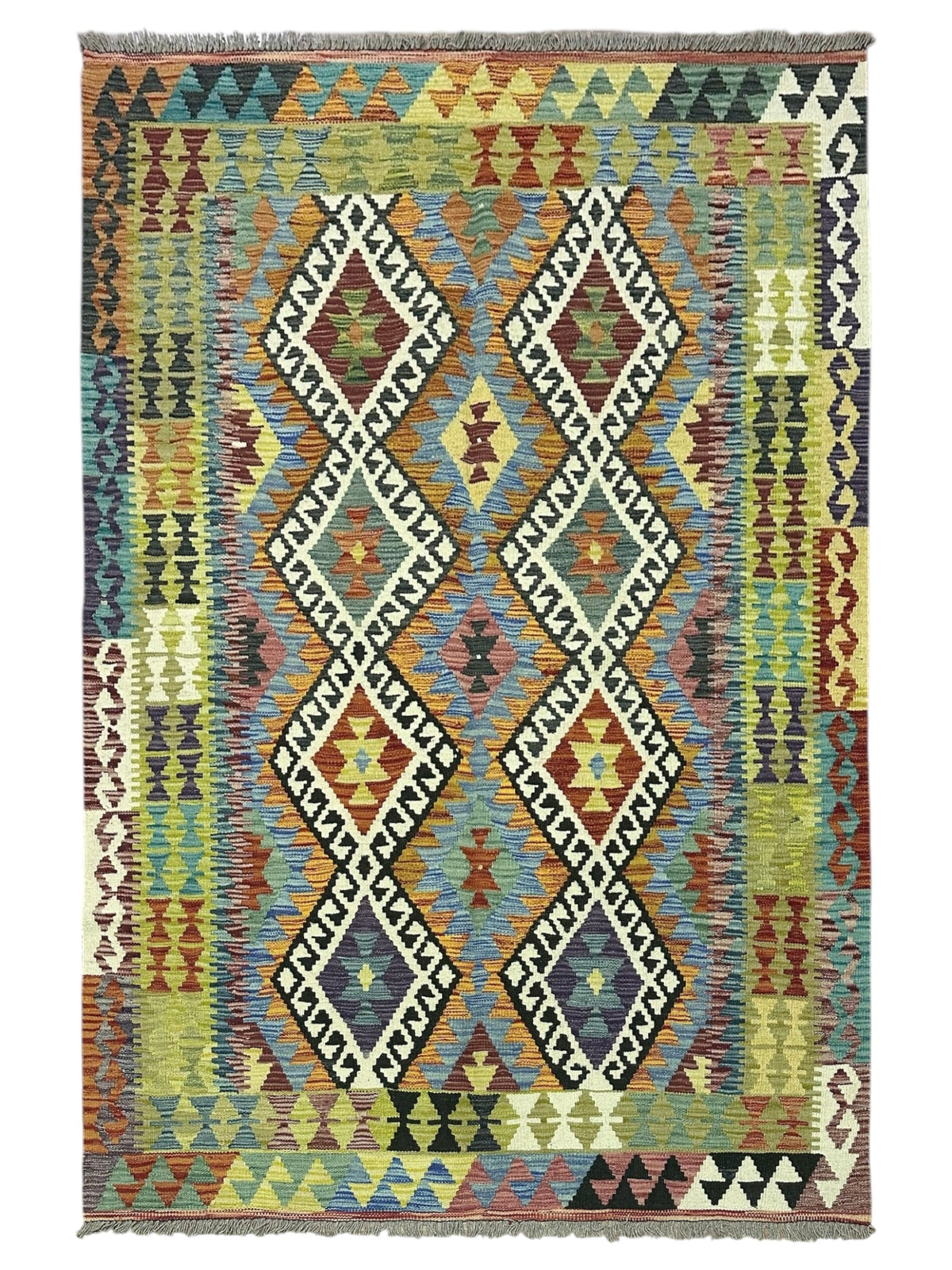 Afghan Kilim Rug 5x6, Gray, Olive Green & Rust, Hand-Woven Wool Flatweave