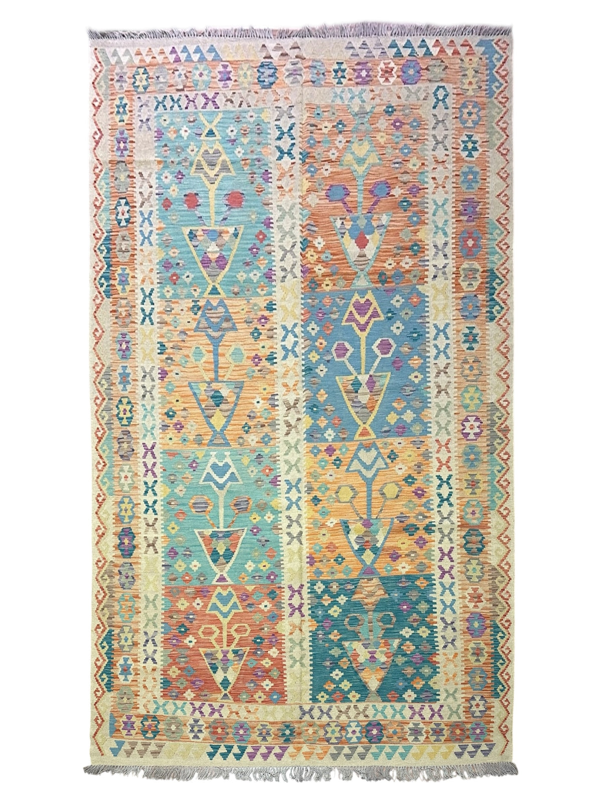 Afghan Kilim Rug 7x10, Beige, Teal & Rust, Hand-Woven Wool Flatweave