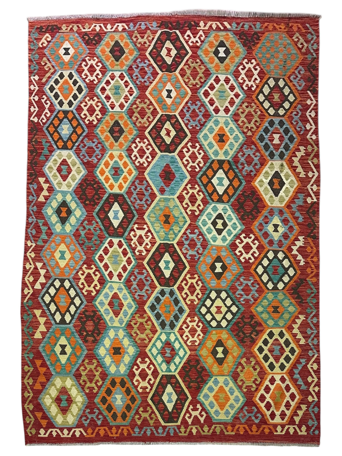 Afghan Kilim Rug 7x10, Red, Teal & Ivory, Hand-Woven Wool Flatweave