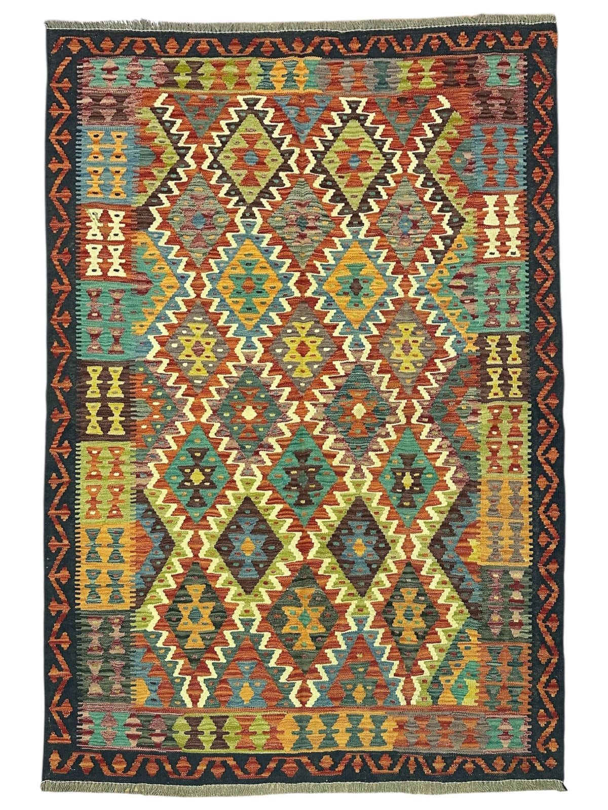 Afghan Kilim Rug 5x7, Rust, Gold & Navy, Hand-Woven Wool Flatweave
