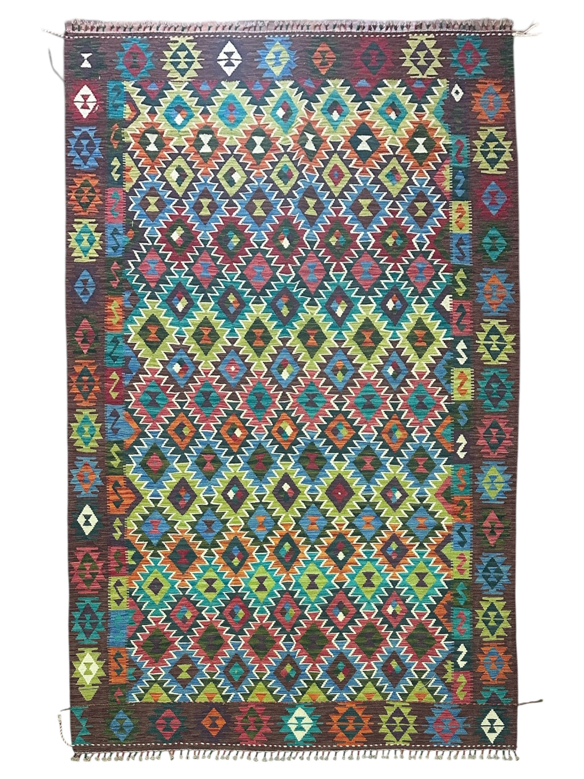 Afghan Kilim Rug 7x10, Teal, Brown & Pink, Hand-Woven Wool Flatweave