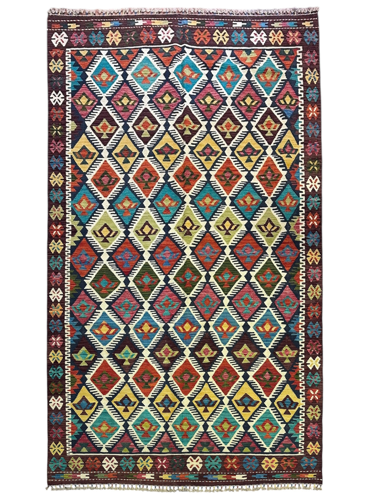 Afghan Kilim Rug 6x10, Brown, Ivory & Rust, Hand-Woven Wool Flatweave