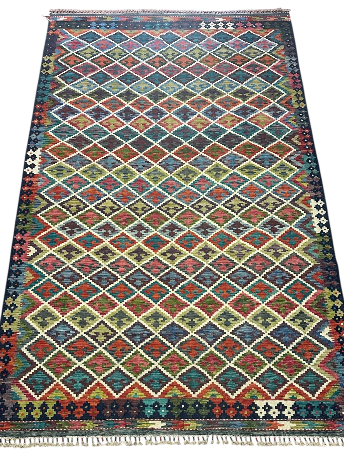 Afghan Kilim Rug 7x10, Rust, Navy & Ivory, Hand-Woven Wool Flatweave, view 2