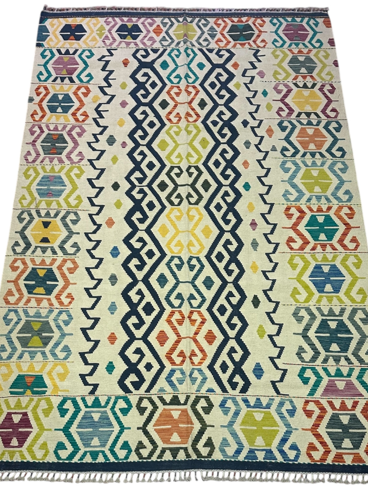 Afghan Kilim Rug 7x10, Ivory, Navy & Teal, Hand-Woven Wool Flatweave, view 2