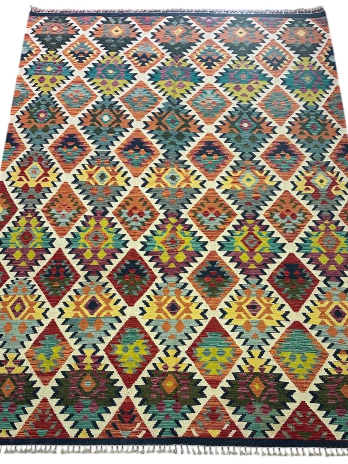 Afghan Kilim Rug 7x10, Rust, Teal & Ivory, Hand-Woven Wool Flatweave, view 2