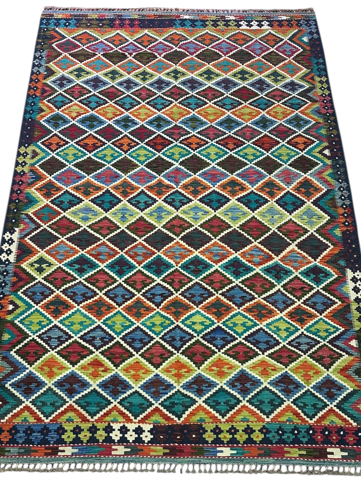 Afghan Kilim Rug 6x10, Ivory, Rust & Teal, Diamond Lattice Wool Flatweave, view 2