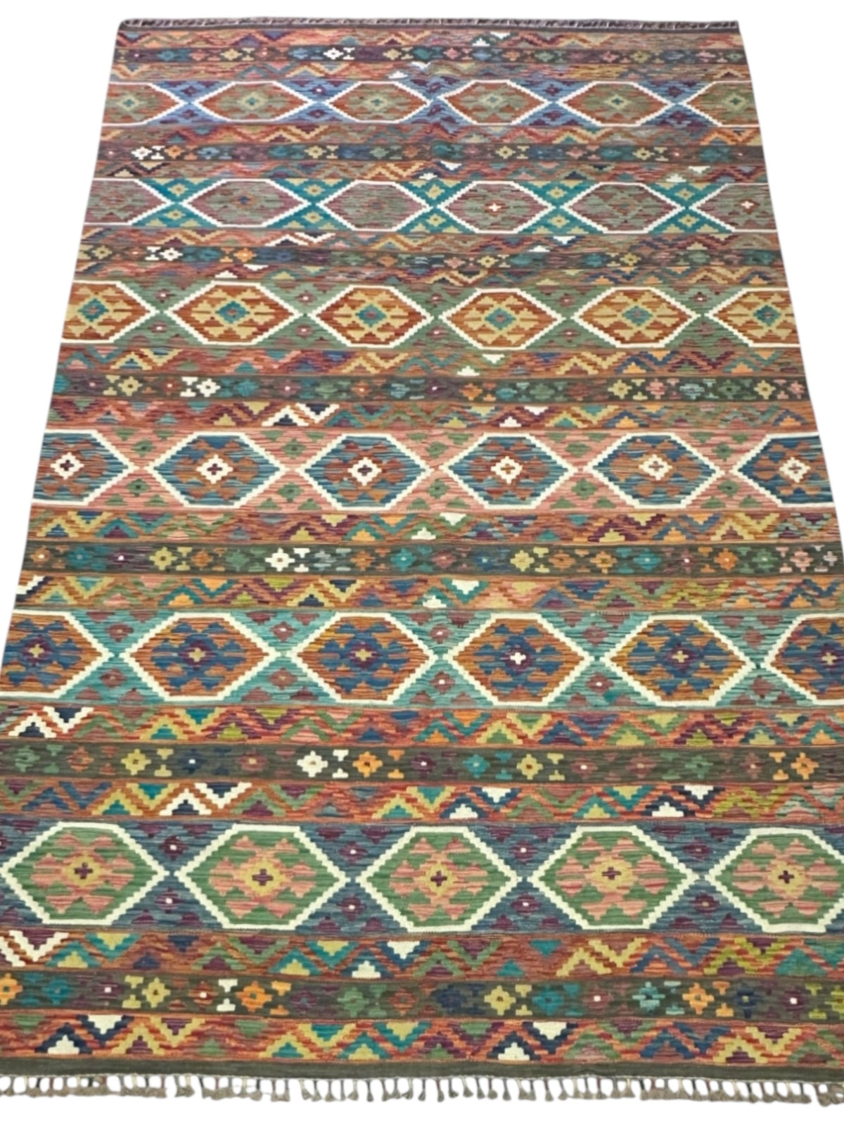 Afghan Kilim Rug 6x10, Rust, Brown & Teal, Hand-Woven Wool Flatweave, view 2