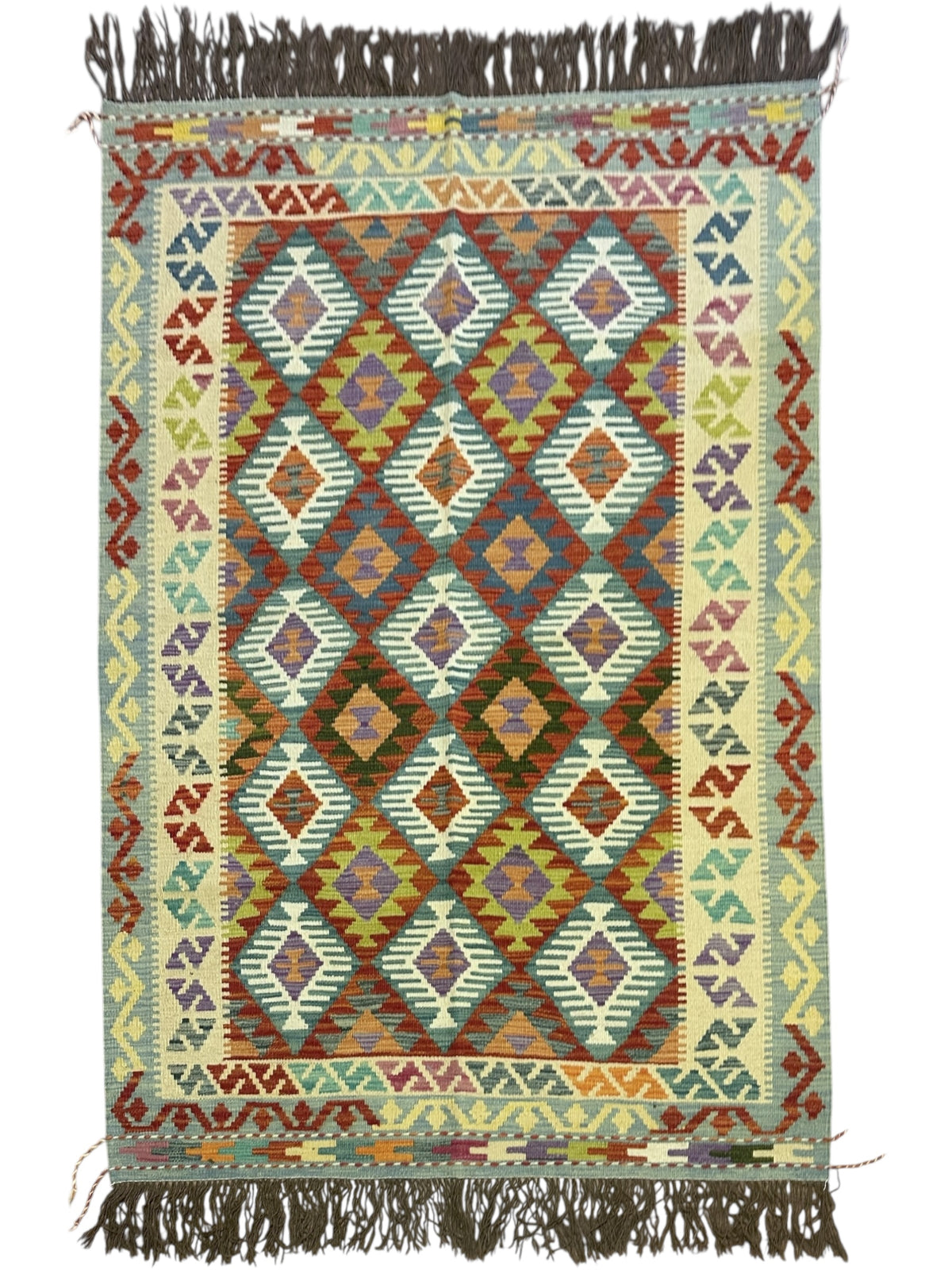 Afghan Kilim Rug 5x7, Rust, Ivory & Brown, Hand-Woven Wool Flatweave