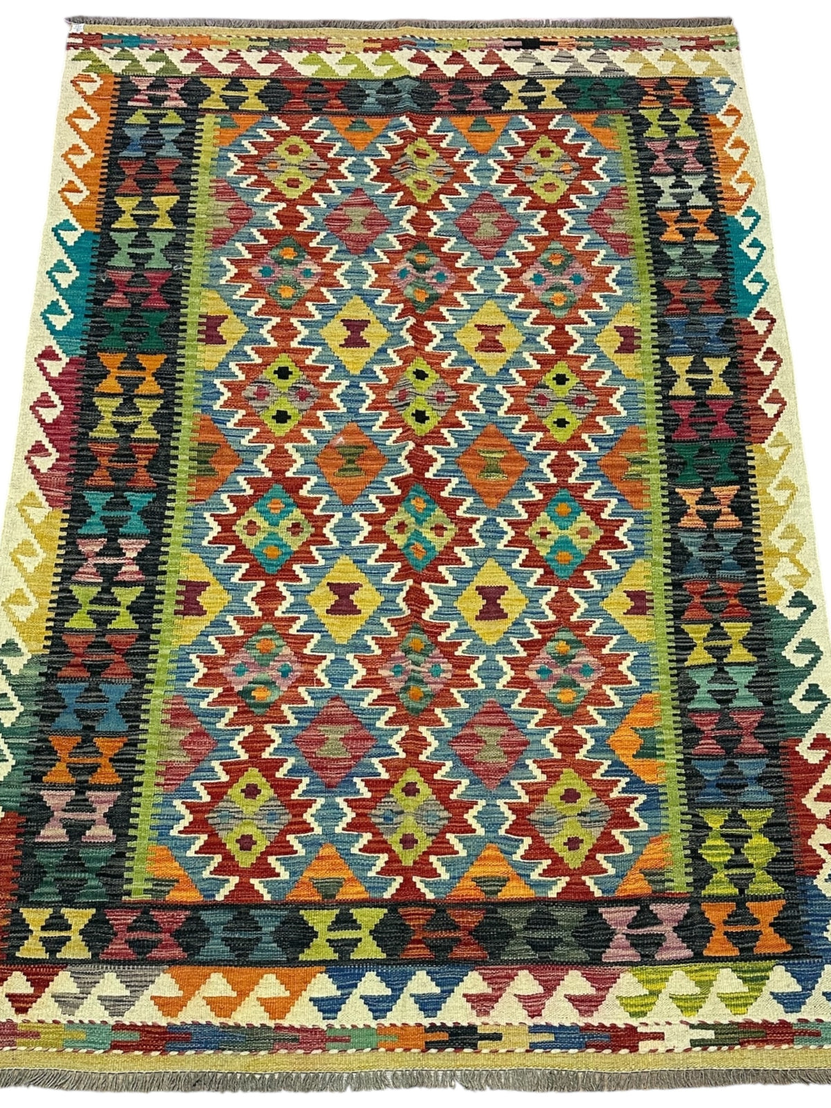 Afghan Kilim Rug 5x7, Rust, Teal & Ivory, Diamond Lattice Wool Flatweave, view 2