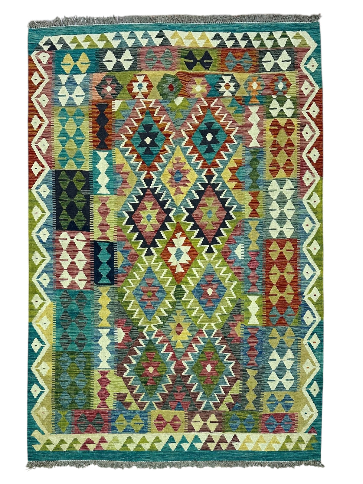 Afghan Kilim Rug 5x6, Olive Green, Teal & Ivory, Hand-Woven Wool Flatweave