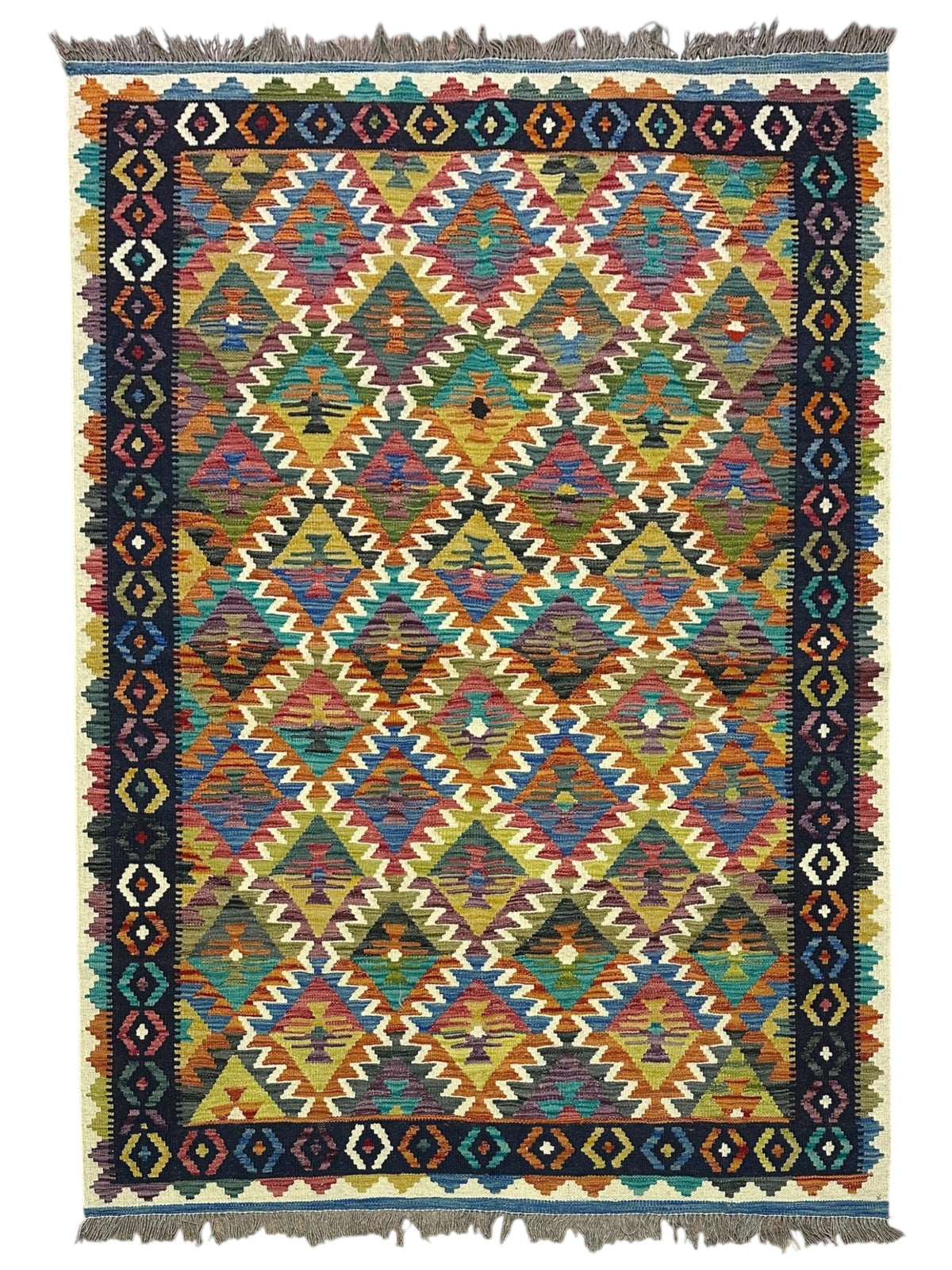Afghan Kilim Rug 5x7, Rust, Navy & Teal, Hand-Woven Wool Flatweave