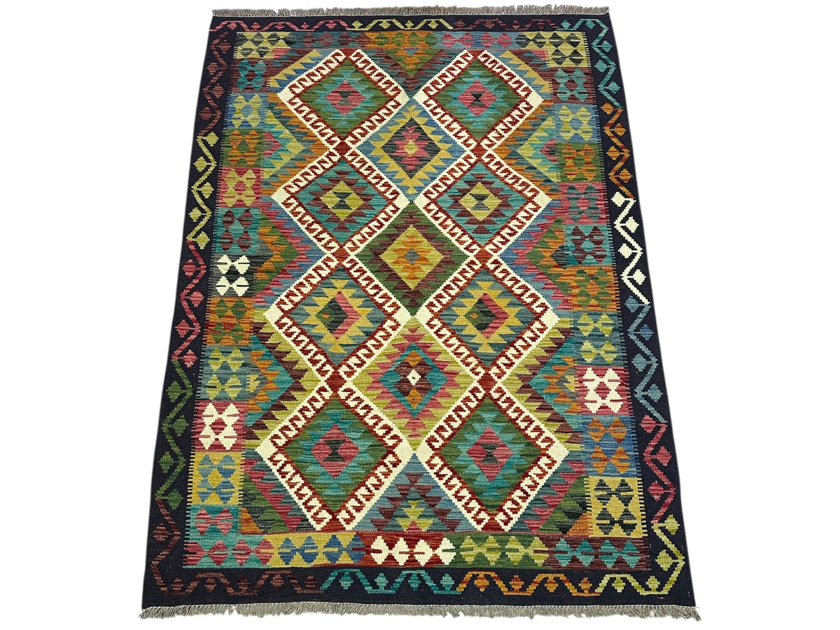 Afghan Kilim Rug 5x7, Navy, Teal & Rust, Hand-Woven Wool Flatweave, view 2