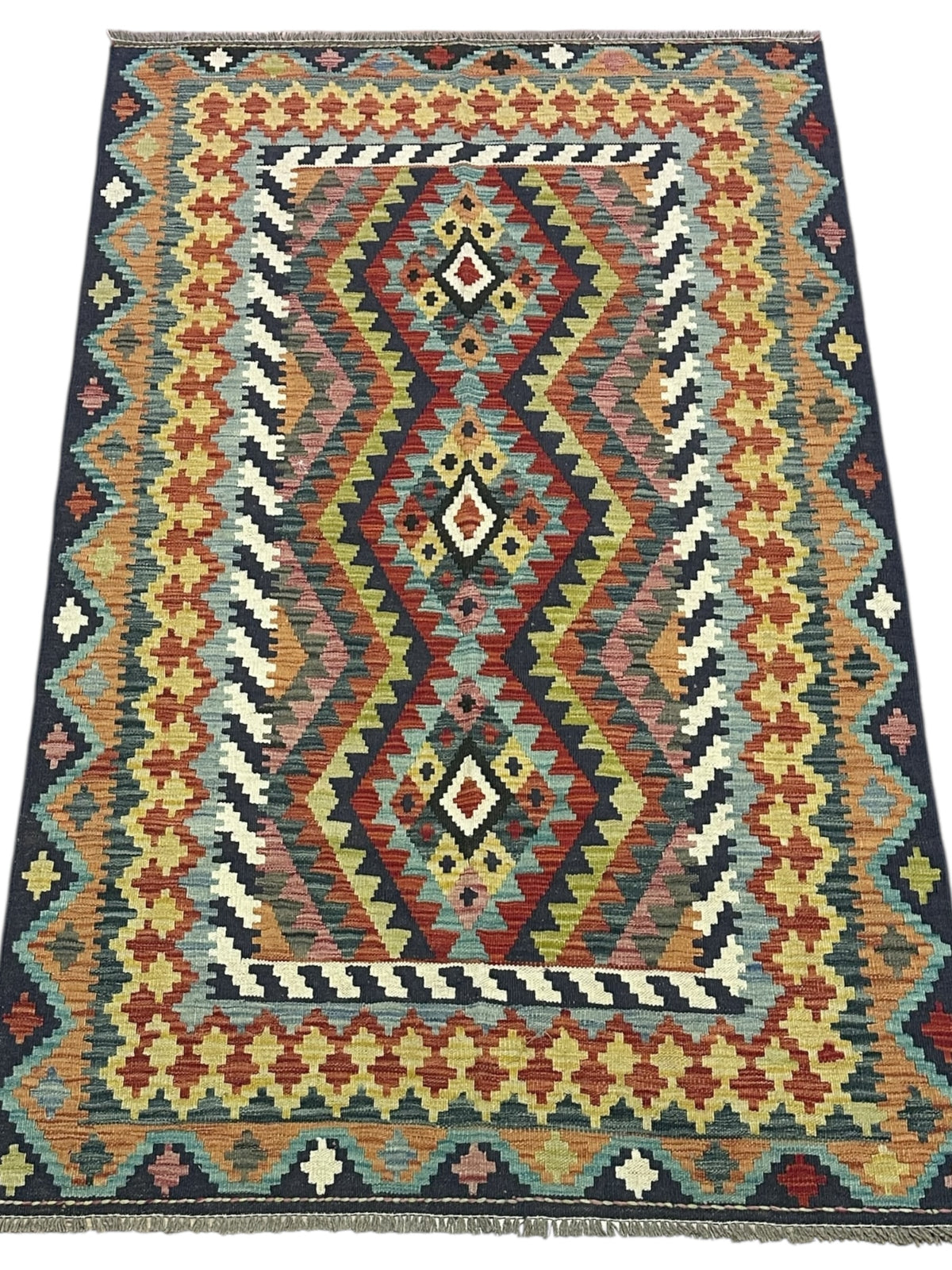 Afghan Kilim Rug 4x7, Gold, Rust & Navy, Hand-Woven Wool Flatweave, view 2