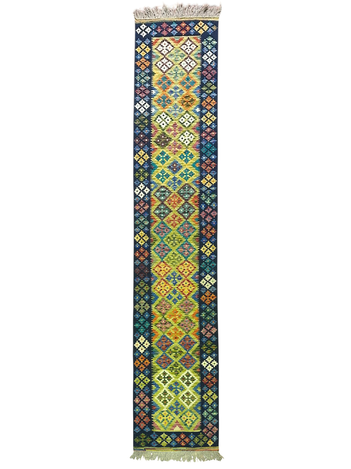 Afghan Kilim Runner 3x13, Navy, Olive Green & Blue, Hand-Woven Wool Flatweave