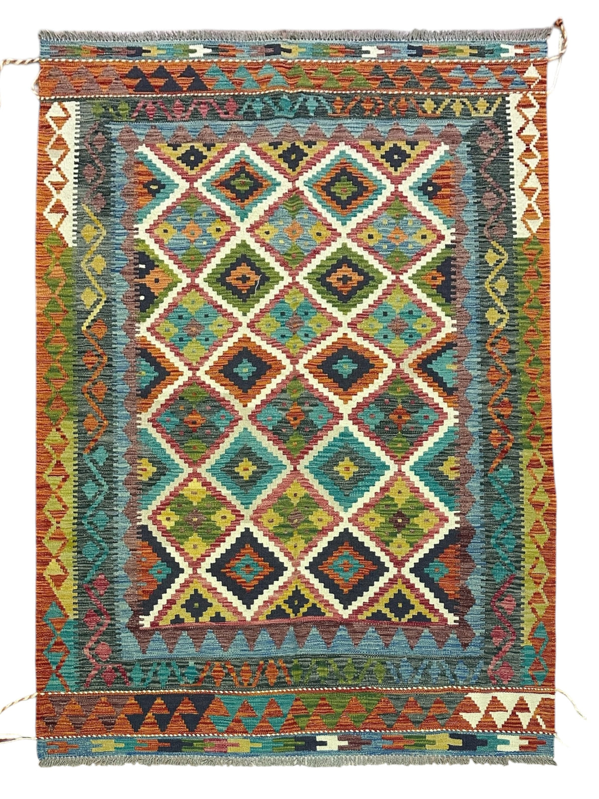 Afghan Kilim Rug 5x7, Teal, Rust & Navy, Hand-Woven Wool Flatweave