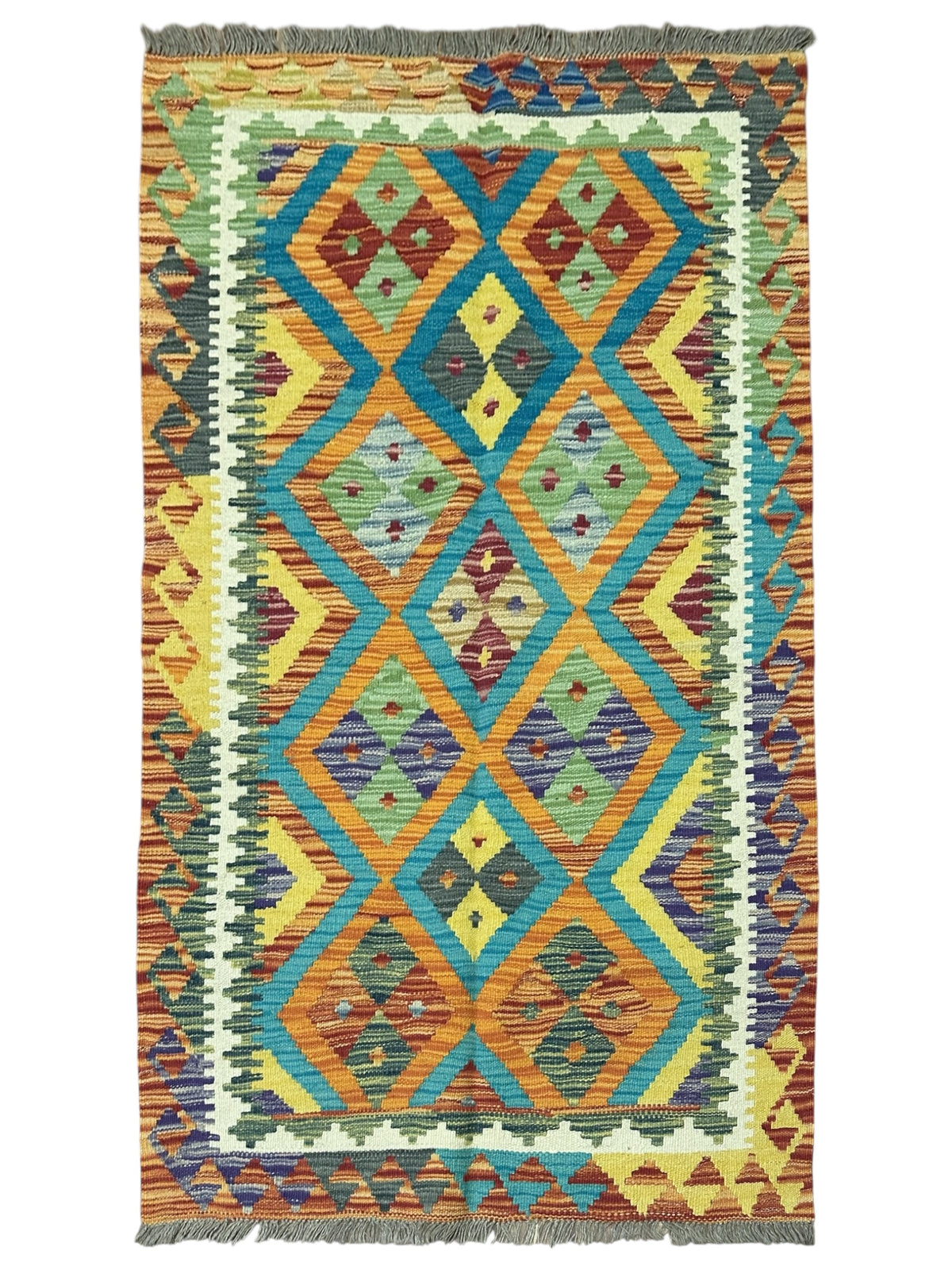 Afghan Kilim Rug 3'2" x 5'1", Hand-Woven Wool, No. 556