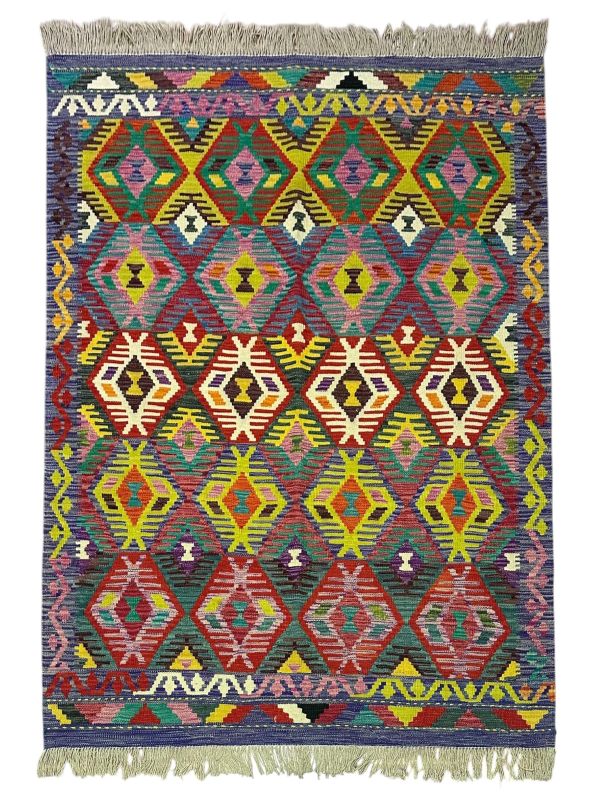 Afghan Kilim Rug 5x7, Red, Pink & Yellow, Hand-Woven Wool Flatweave