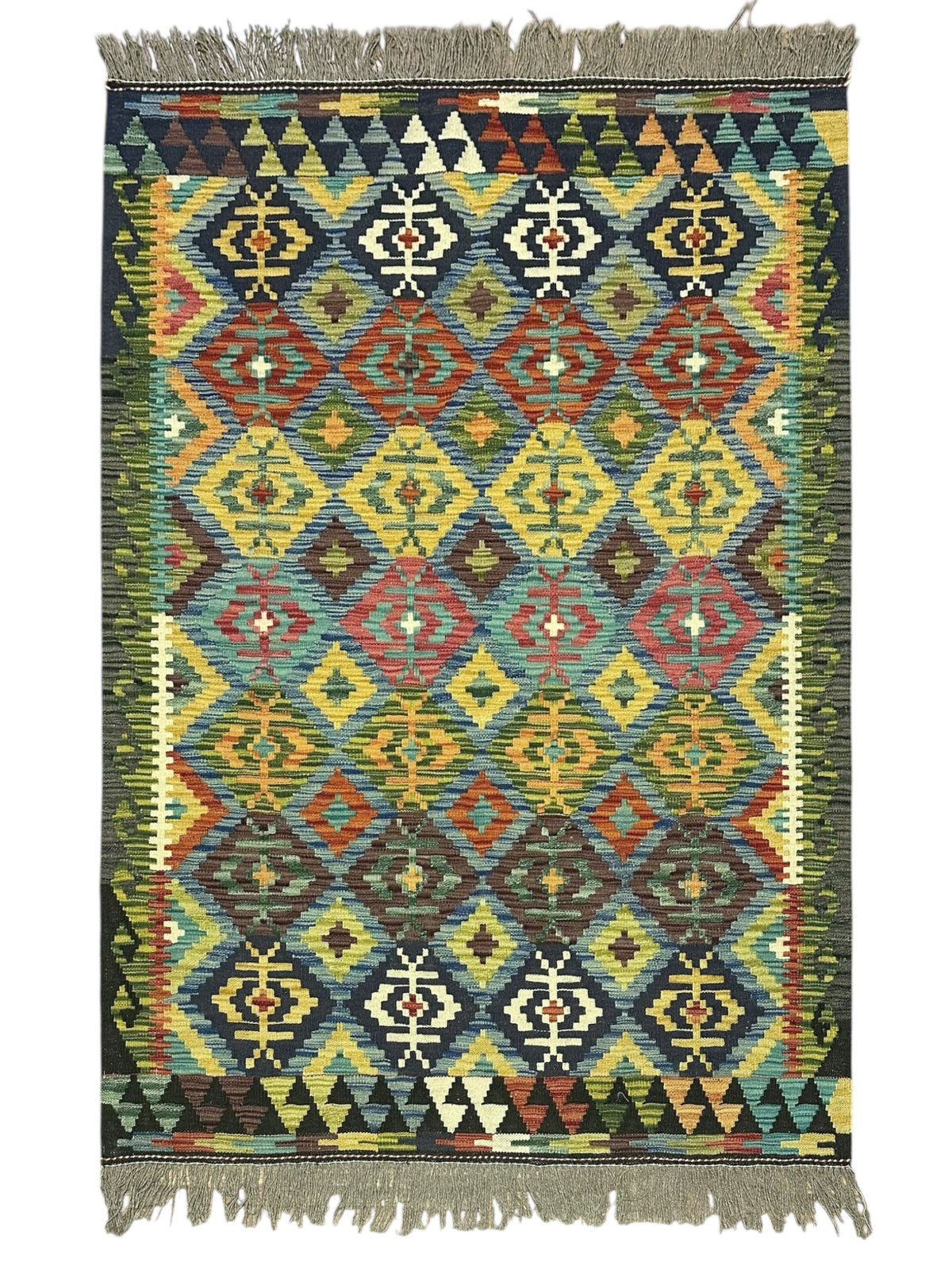 Afghan Kilim Rug 4x6, Olive Green, Navy & Teal, Hand-Woven Wool Flatweave