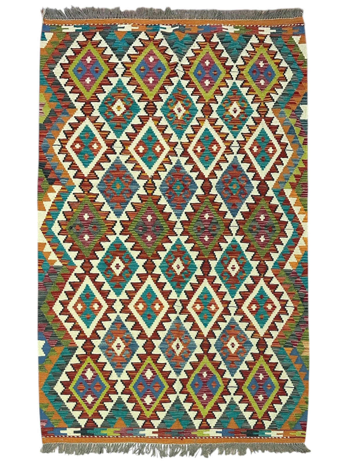 Afghan Kilim Rug 4x6, Rust, Teal & Ivory, Hand-Woven Wool Flatweave