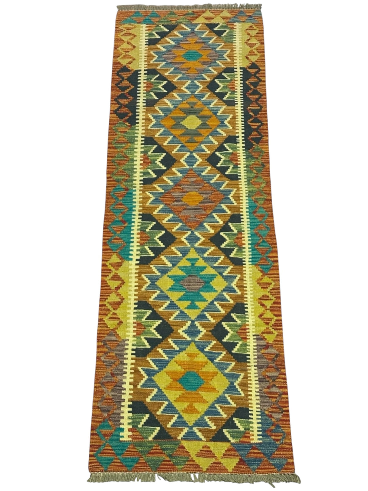 Afghan Kilim Runner 2x6, Gold, Rust & Teal, Hand-Woven Wool Flatweave, view 2
