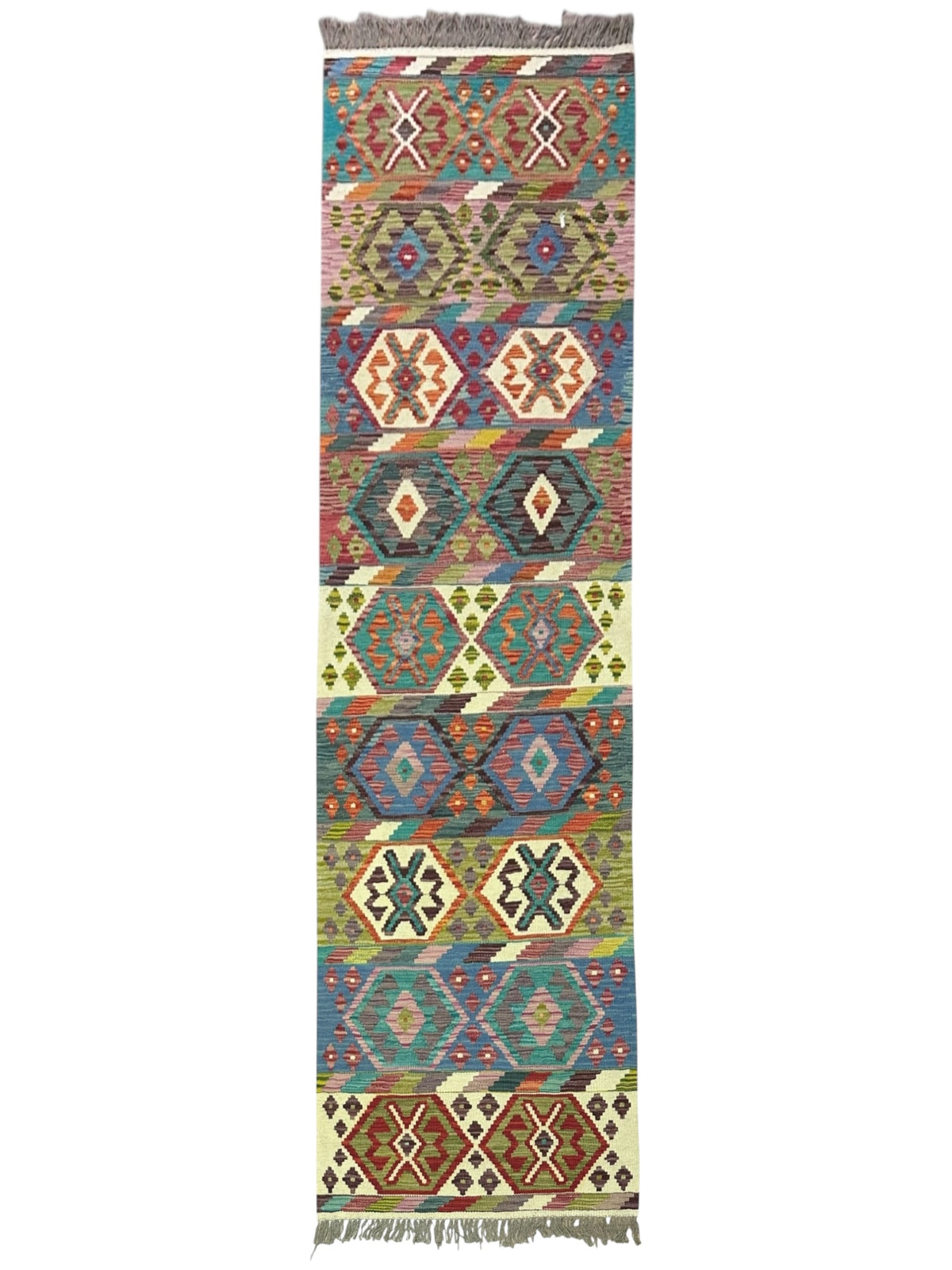 Afghan Kilim Runner 3x10, Teal, Ivory & Rust, Hand-Woven Wool Flatweave