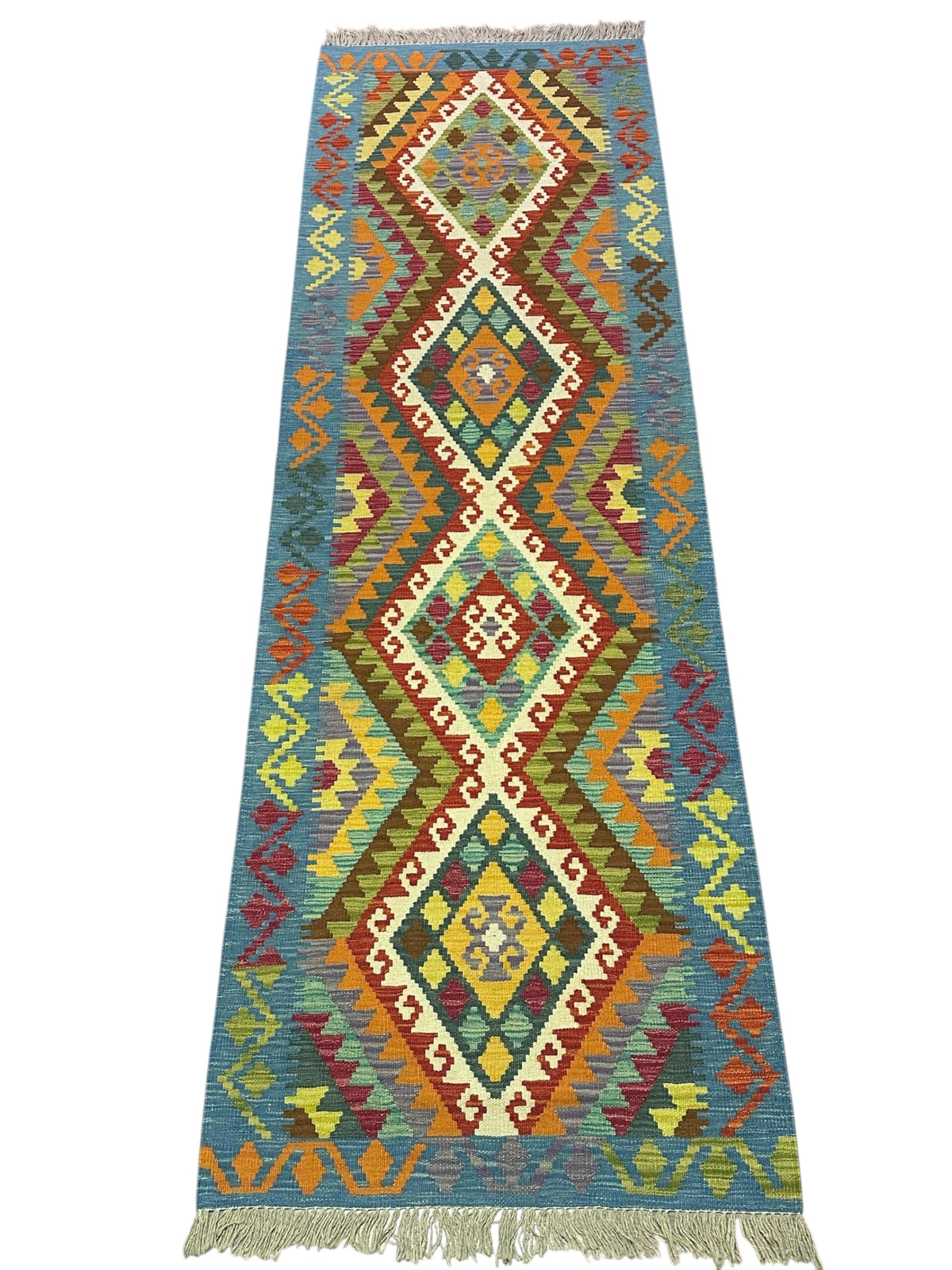 Afghan Kilim Runner 3x10, Blue, Rust & Ivory, Hand-Woven Wool Flatweave, view 2