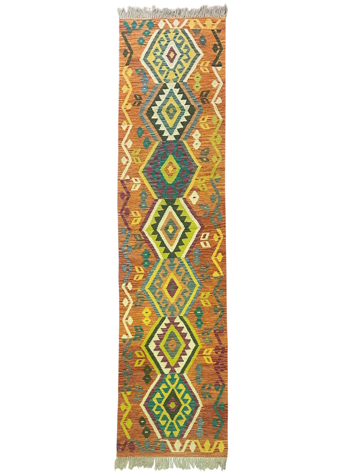 Afghan Kilim Runner 3x10, Orange, Teal & Yellow, Hand-Woven Wool Flatweave