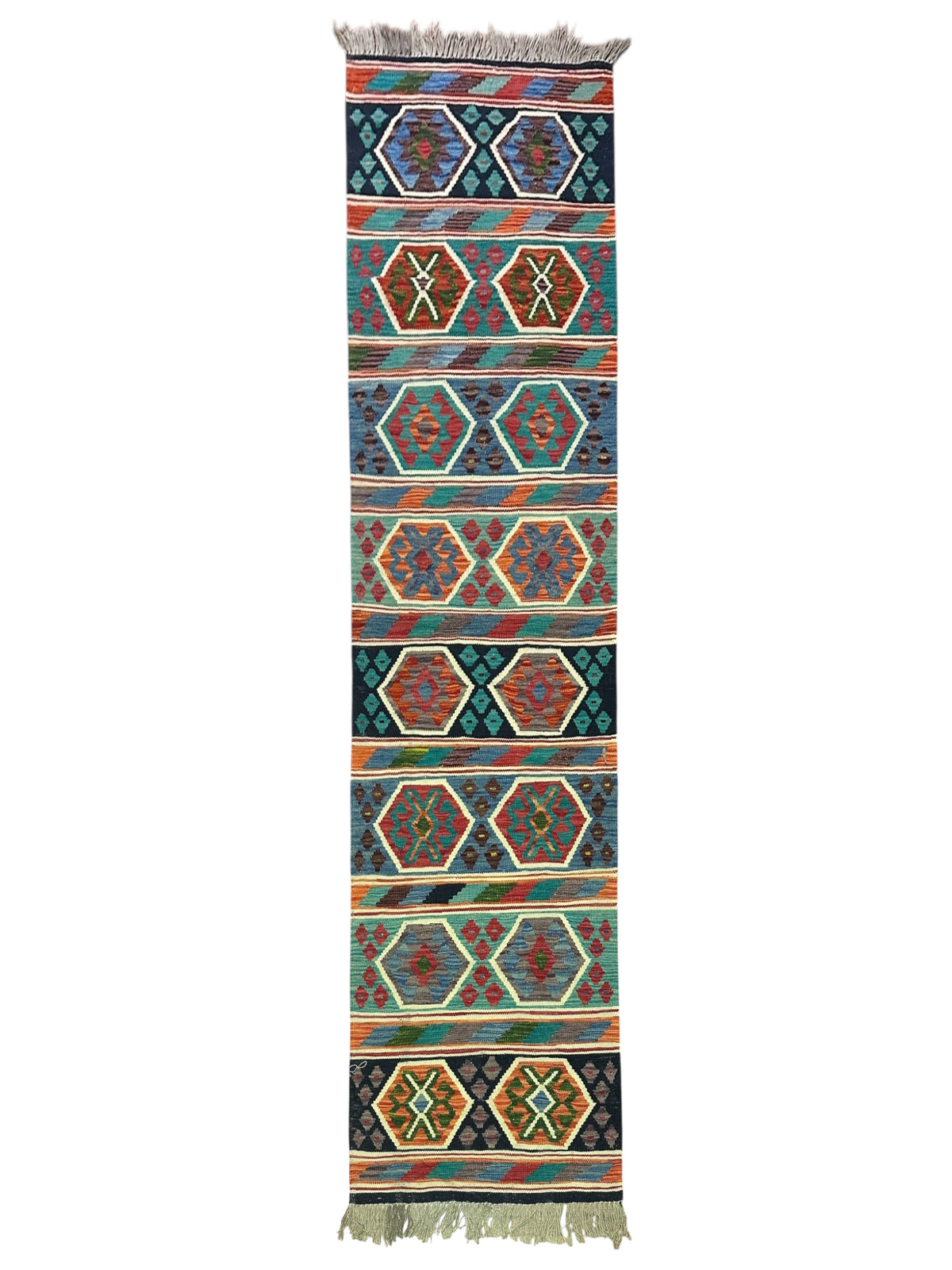 Afghan Kilim Runner 3x10, Navy, Rust & Teal, Hand-Woven Wool Flatweave
