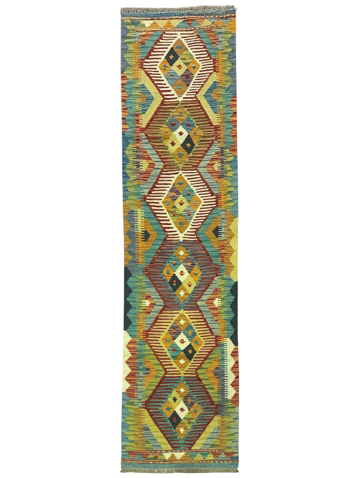 Afghan Kilim Runner 2x7, Teal, Brown & Gold, Hand-Woven Wool Flatweave
