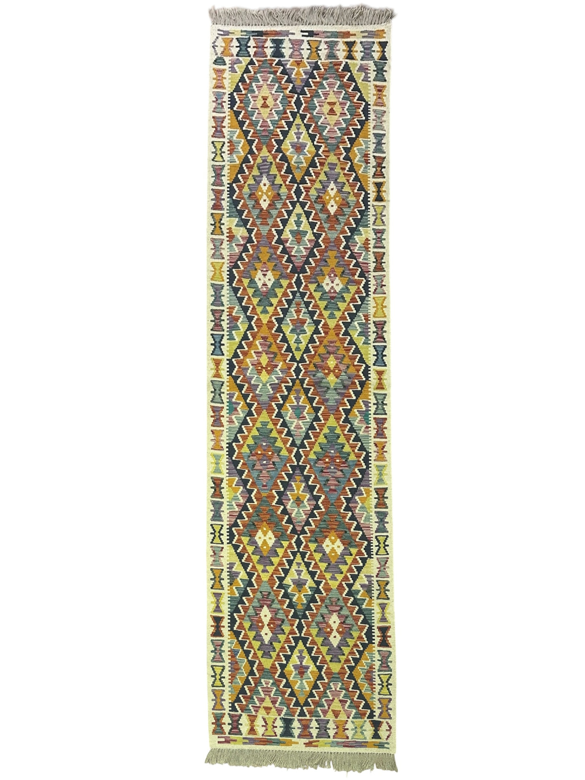 Afghan Kilim Runner 3x10, Ivory, Gold & Purple, Hand-Woven Wool Flatweave