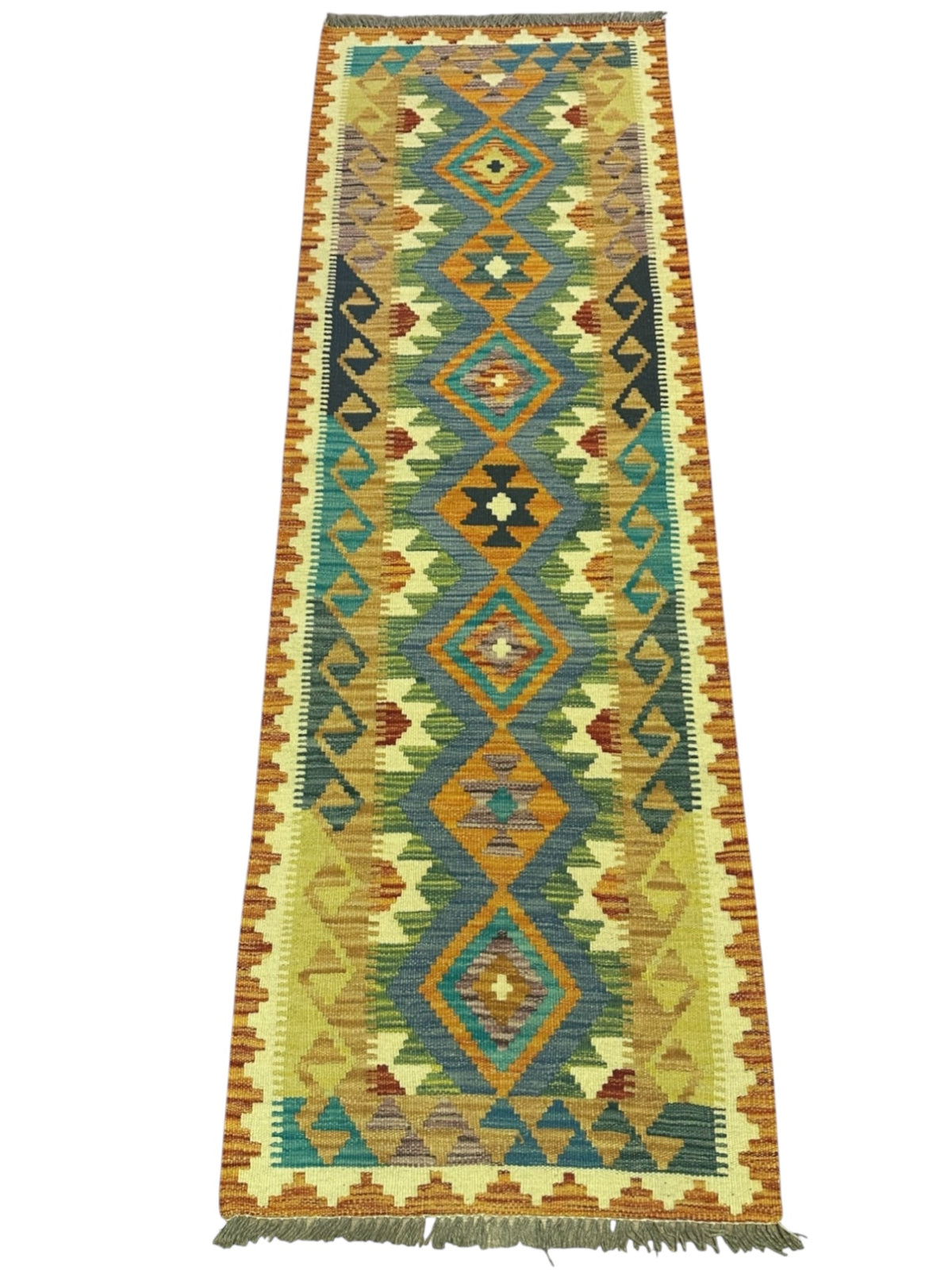 Afghan Kilim Runner 2x6, Gold, Teal & Olive Green, Hand-Woven Wool Flatweave, view 2