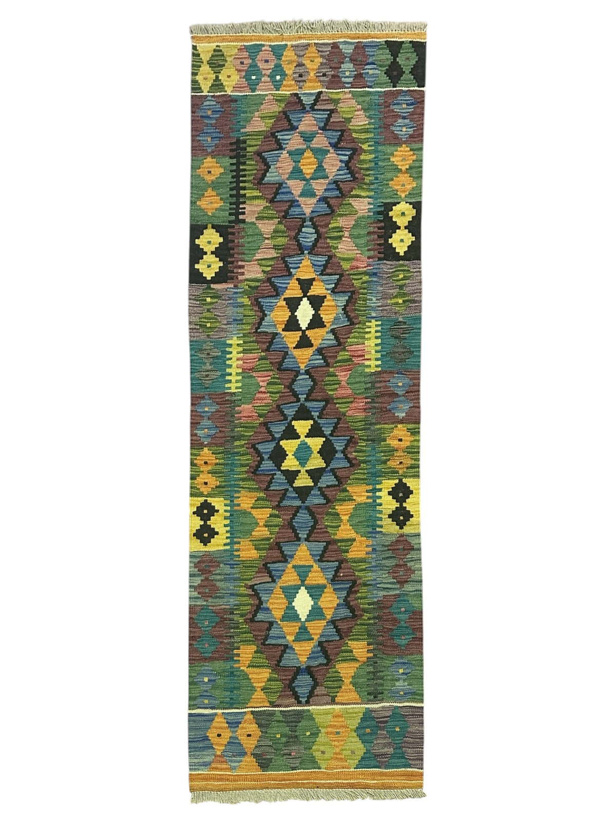 Afghan Kilim Runner 2x6, Olive Green, Teal & Gold, Hand-Woven Wool Flatweave