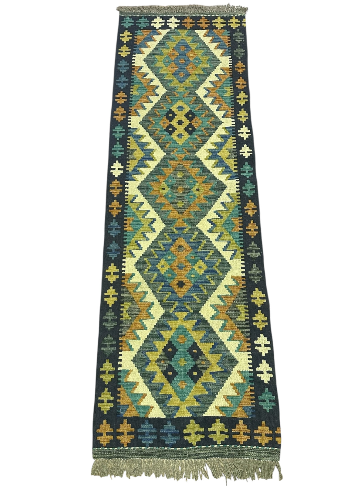 Afghan Kilim Runner 2x6, Navy, Olive Green & Ivory, Hand-Woven Wool Flatweave, view 2