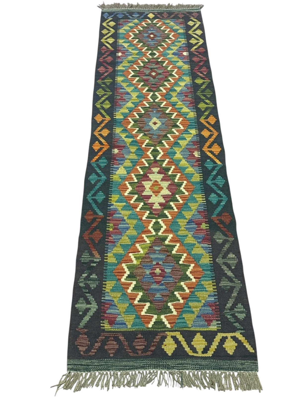 Afghan Kilim Runner 2x6, Navy, Teal & Olive Green, Hand-Woven Wool Flatweave, view 2