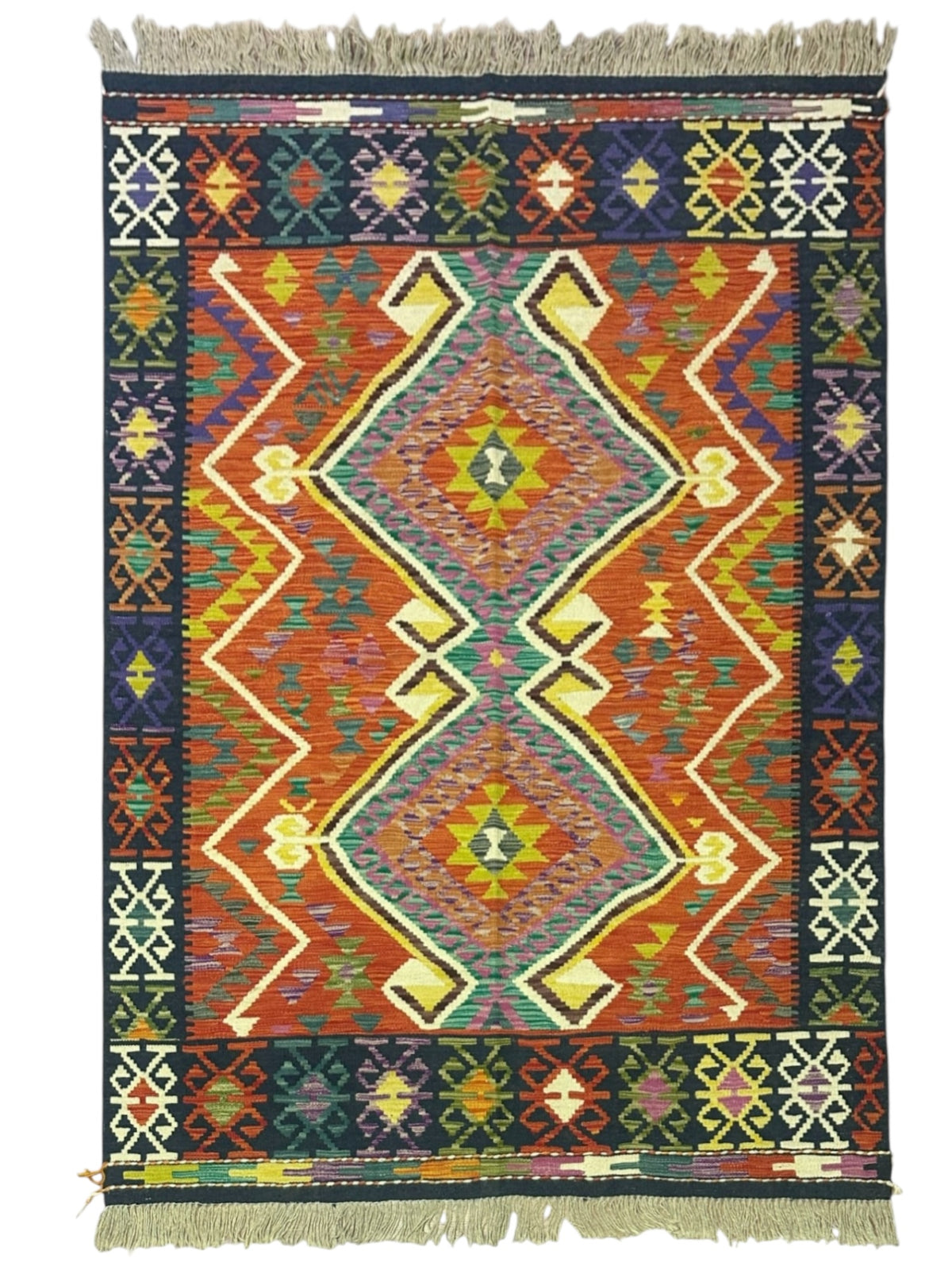 Afghan Kilim Rug 5x6, Rust, Navy & Olive Green, Hand-Woven Wool Flatweave