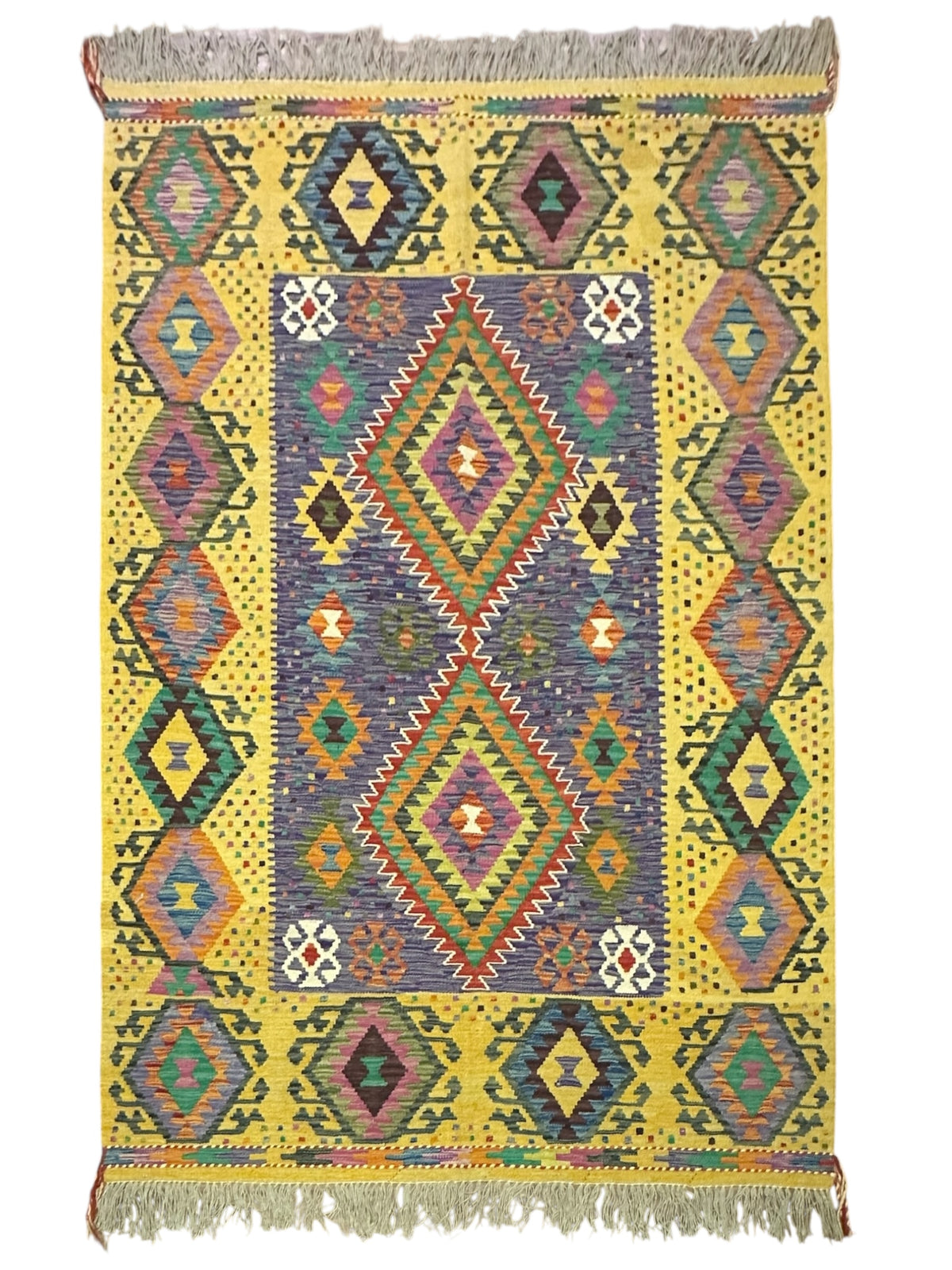 Afghan Kilim Rug 5x7, Yellow, Blue & Purple, Hand-Woven Wool Flatweave