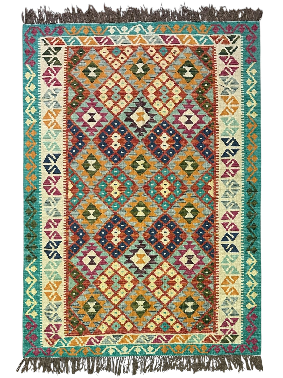 Afghan Kilim Rug 5x7, Rust, Teal & Ivory, Diamond Lattice Wool Flatweave, Navy Accents