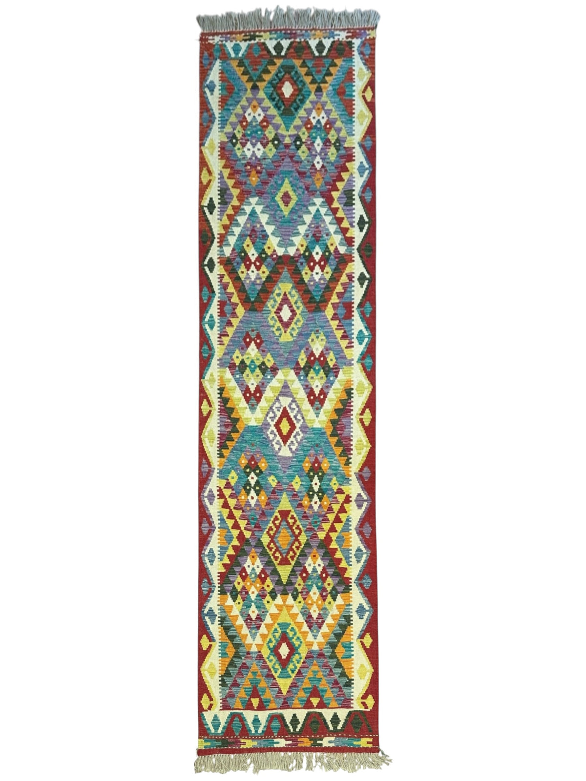 Afghan Kilim Runner 3x10, Red, Ivory & Yellow, Hand-Woven Wool Flatweave