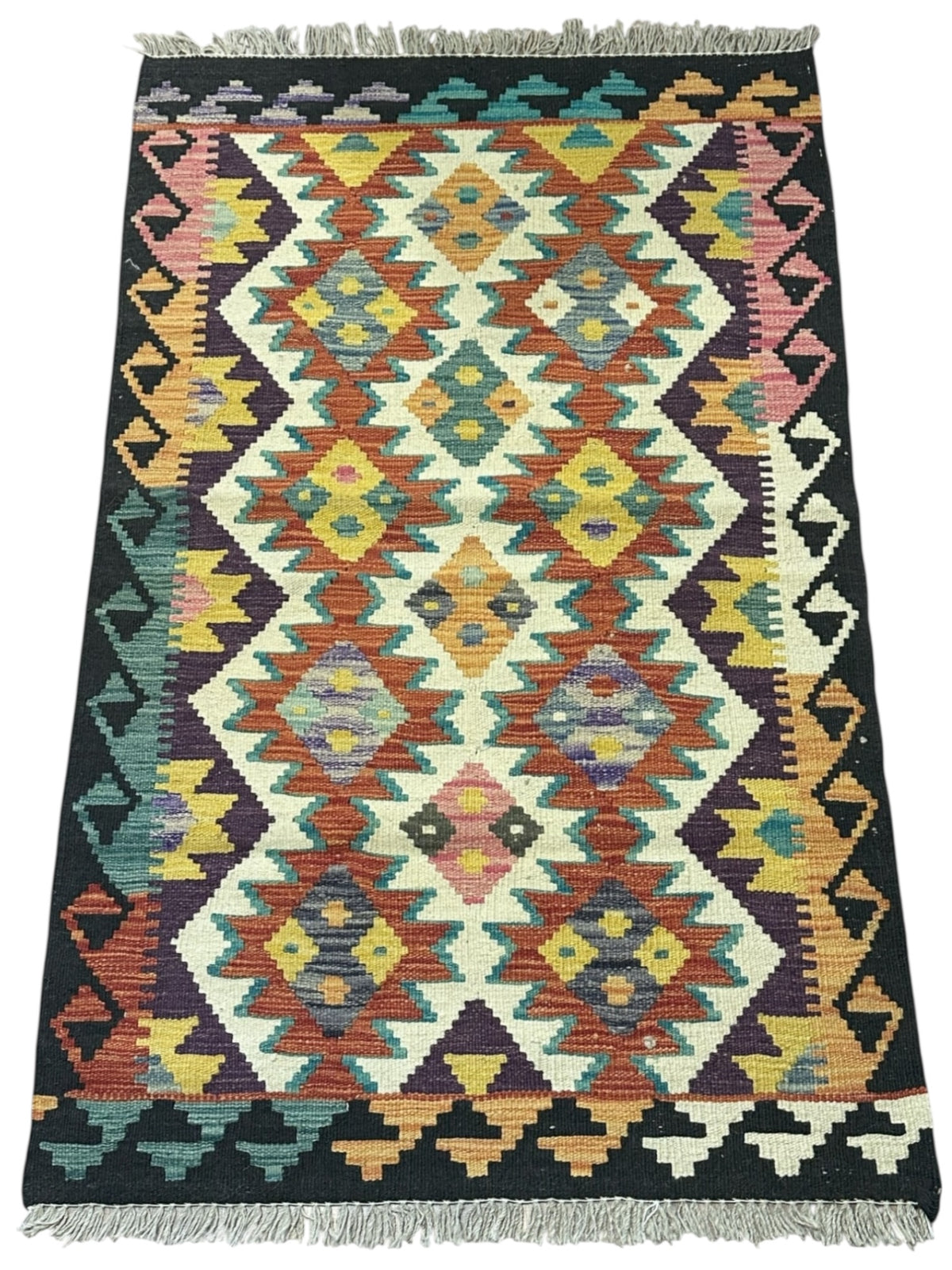 Afghan Kilim Rug 3x4, Rust, Ivory & Black, Diamond Medallion Wool Flatweave, view 2