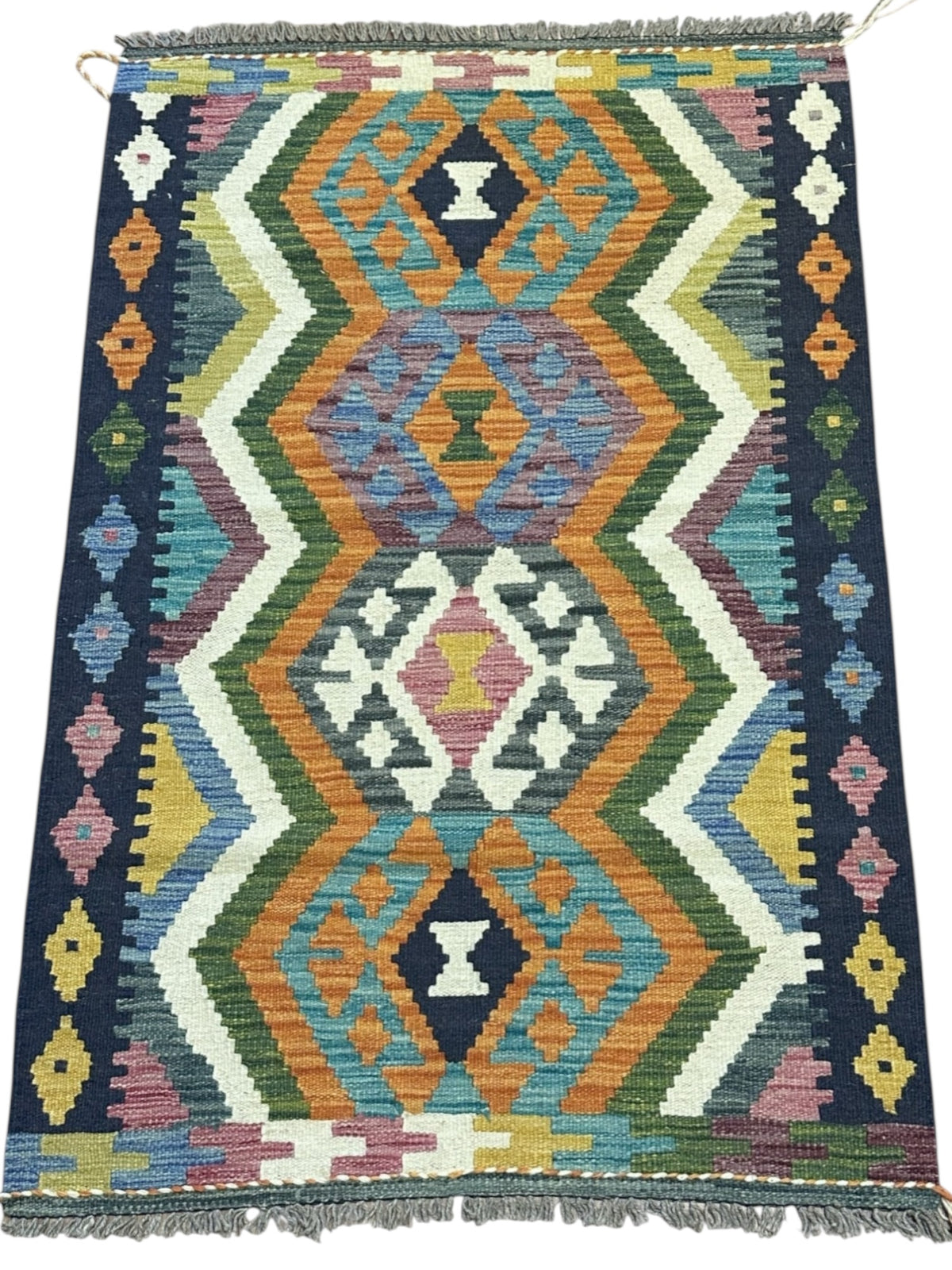 Afghan Kilim Rug 3x4, Navy, Orange & Ivory, Hand-Woven Wool Flatweave, view 2
