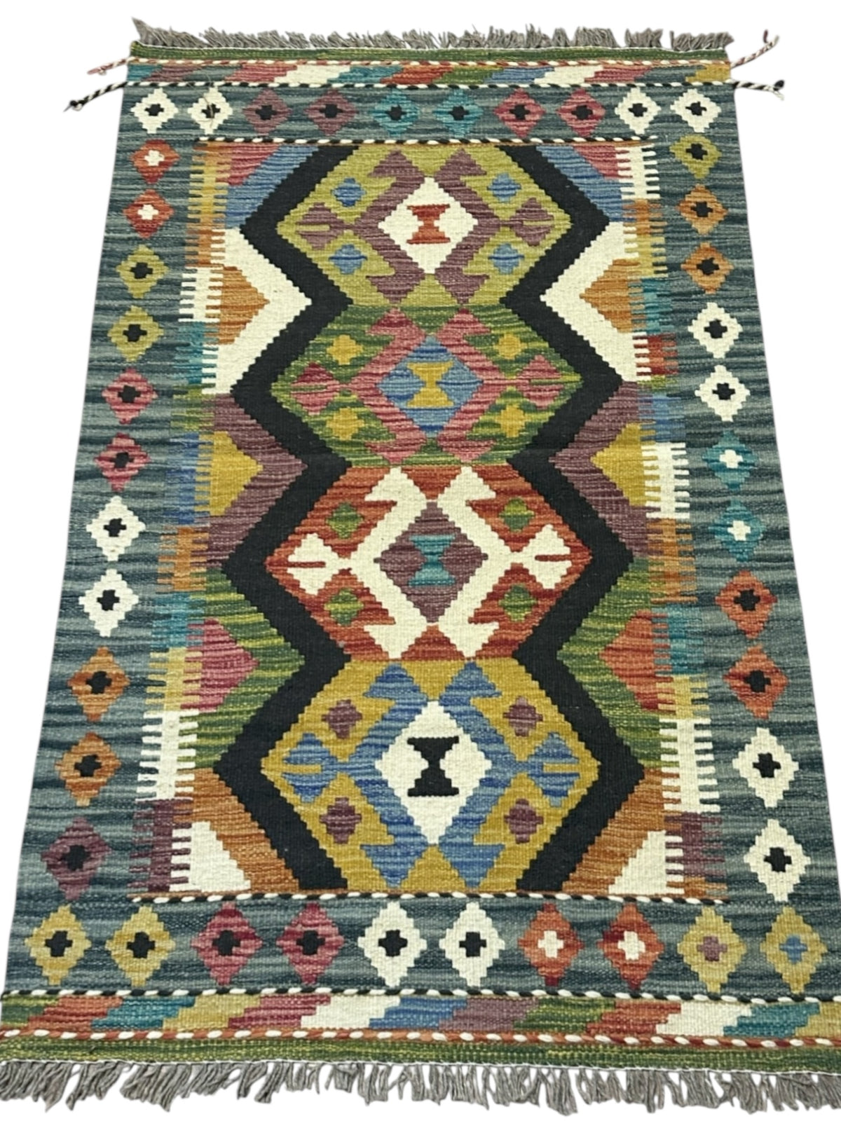 Afghan Kilim Rug 3x4, Gray, Black & Ivory, Hand-Woven Wool Flatweave, view 2