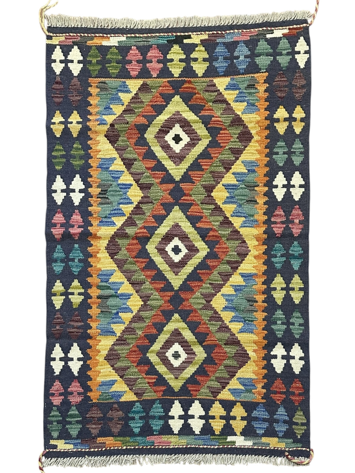 Afghan Kilim Rug 3x4, Navy, Gold & Rust, Hand-Woven Wool Flatweave