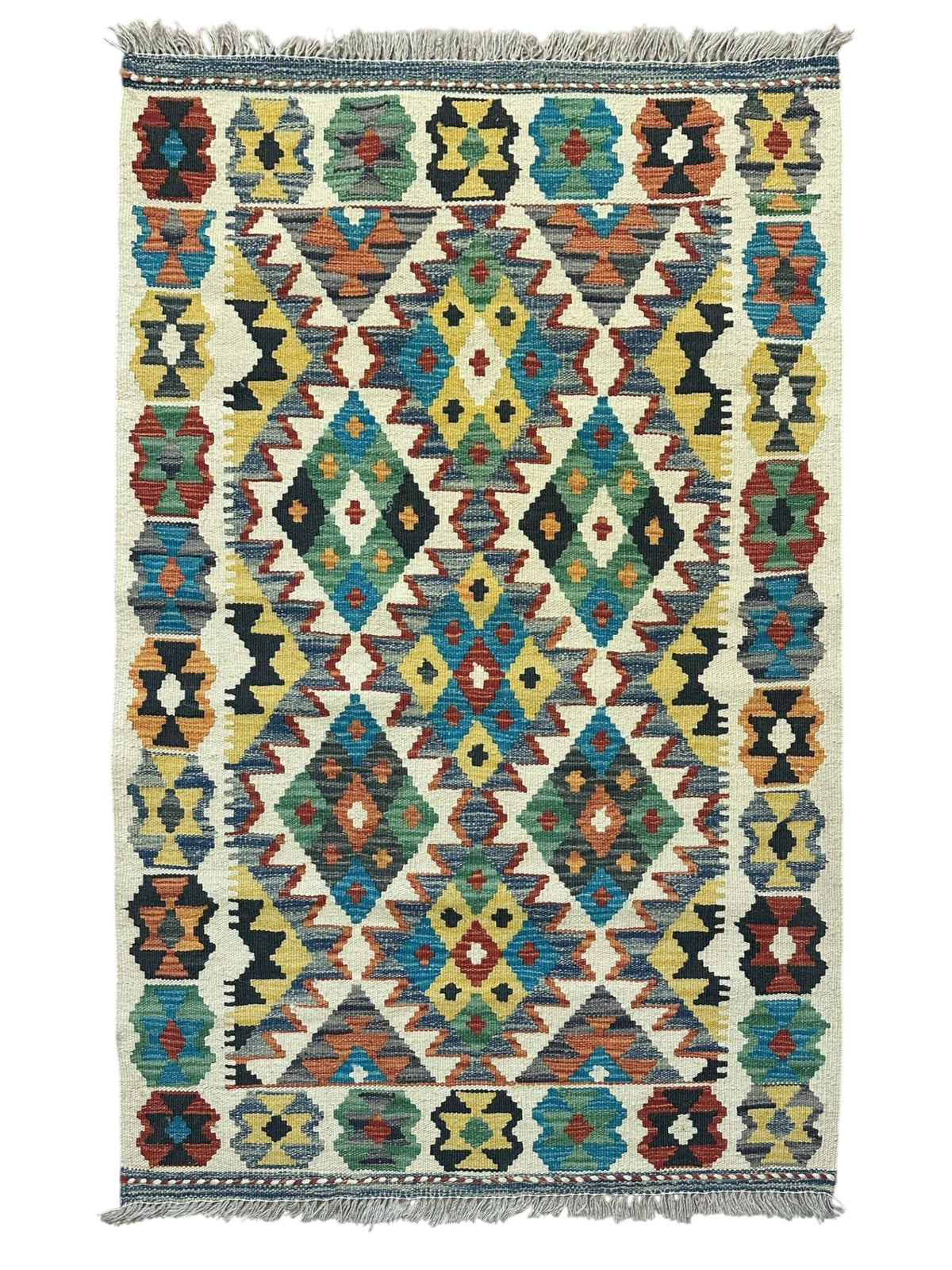 Afghan Kilim Rug 3x4, Ivory, Teal & Gold, Hand-Woven Wool Flatweave