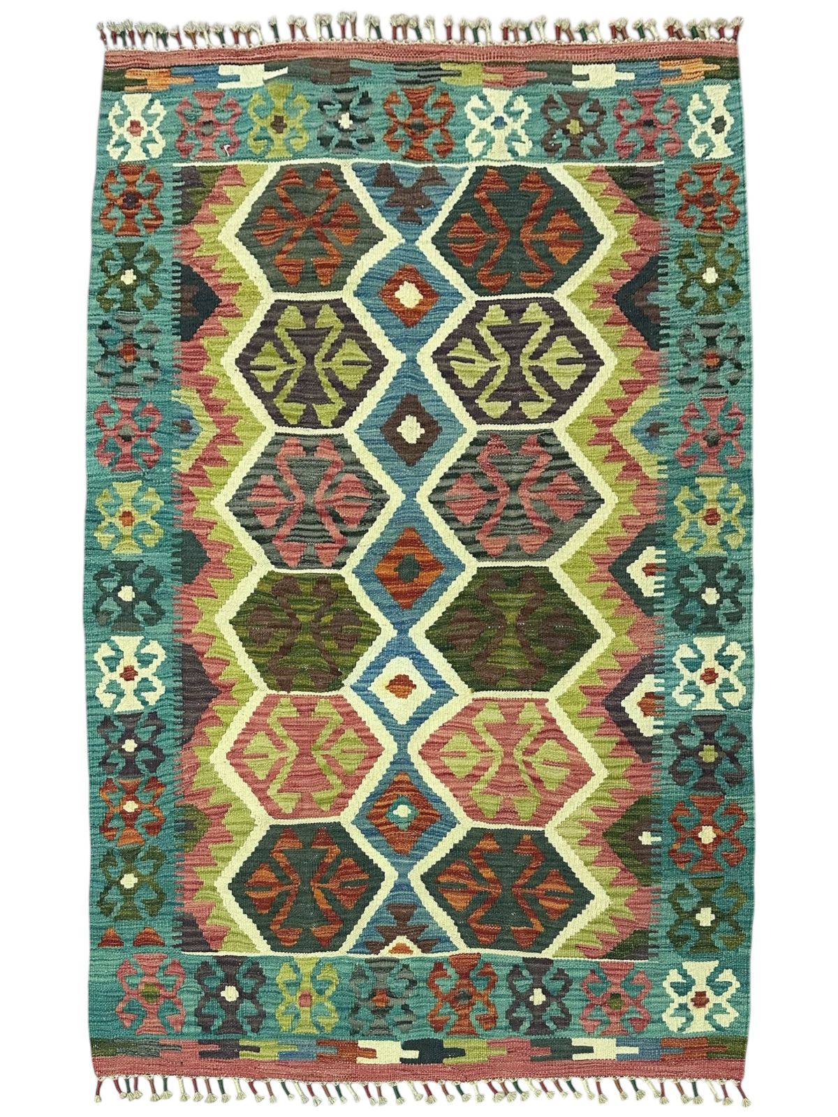 Afghan Kilim Rug 4x5, Teal, Brown & Pink, Hand-Woven Wool Flatweave