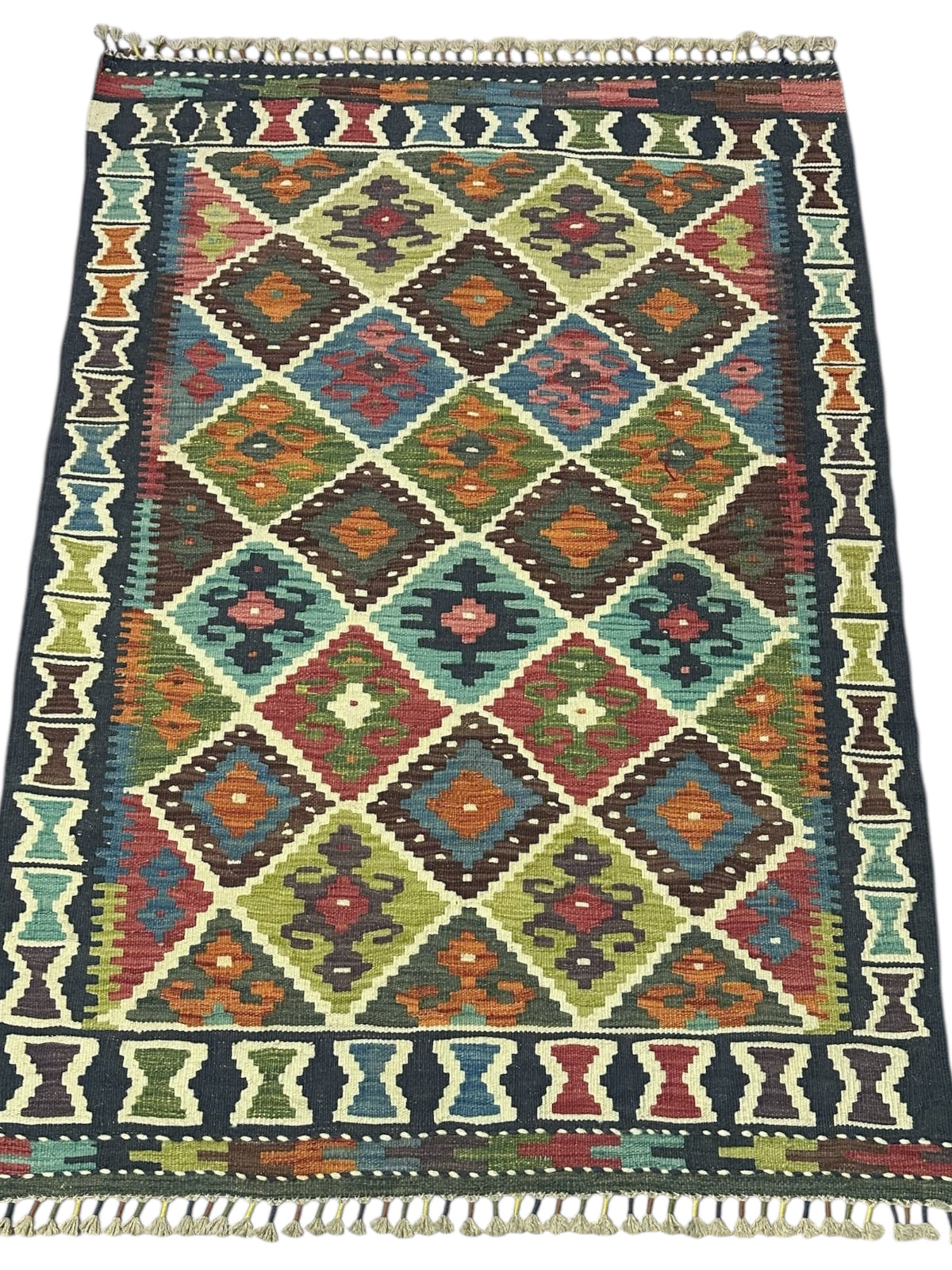 Afghan Kilim Rug 4x5, Navy, Ivory & Olive Green, Hand-Woven Wool Flatweave, view 2