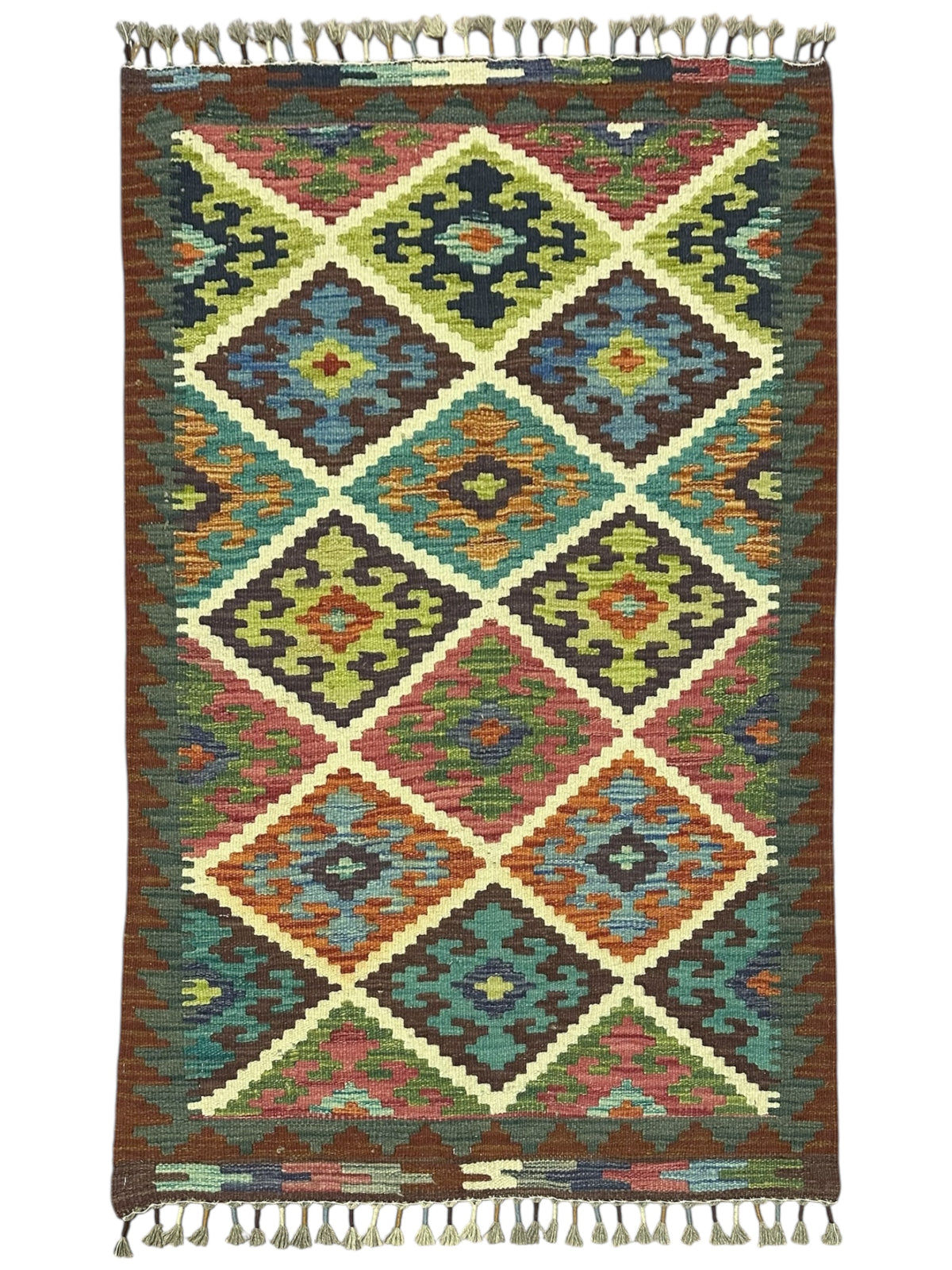 Afghan Kilim Rug 3x4, Rust, Olive Green & Teal, Hand-Woven Wool Flatweave
