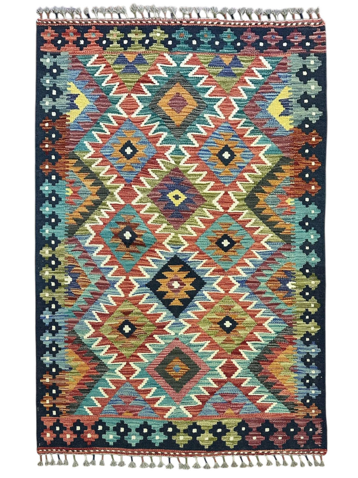 Afghan Kilim Rug 3x5, Rust, Teal & Navy, Hand-Woven Wool Flatweave