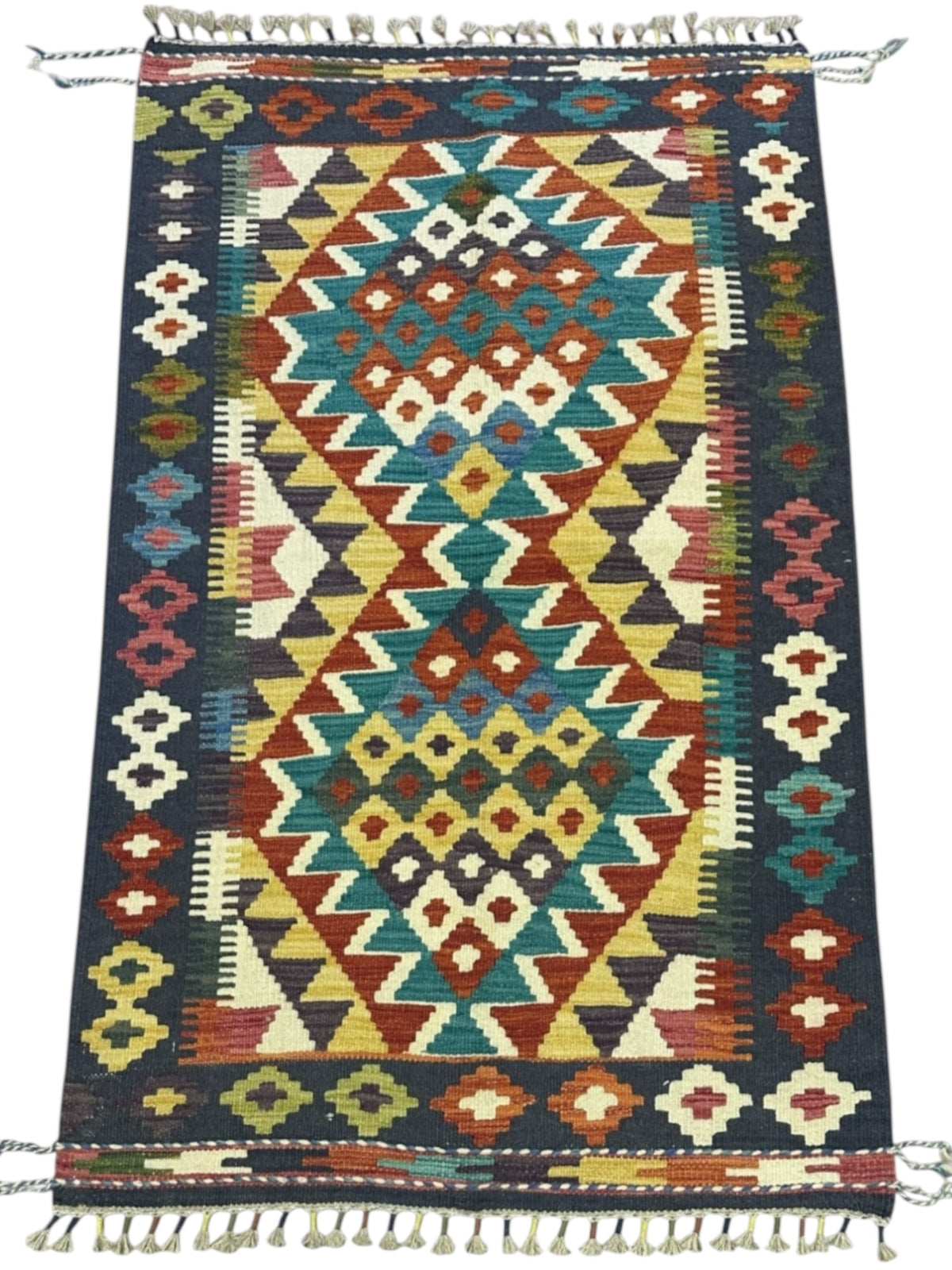 Afghan Kilim Rug 3x5, Navy, Rust & Ivory, Hand-Woven Wool Flatweave, view 2