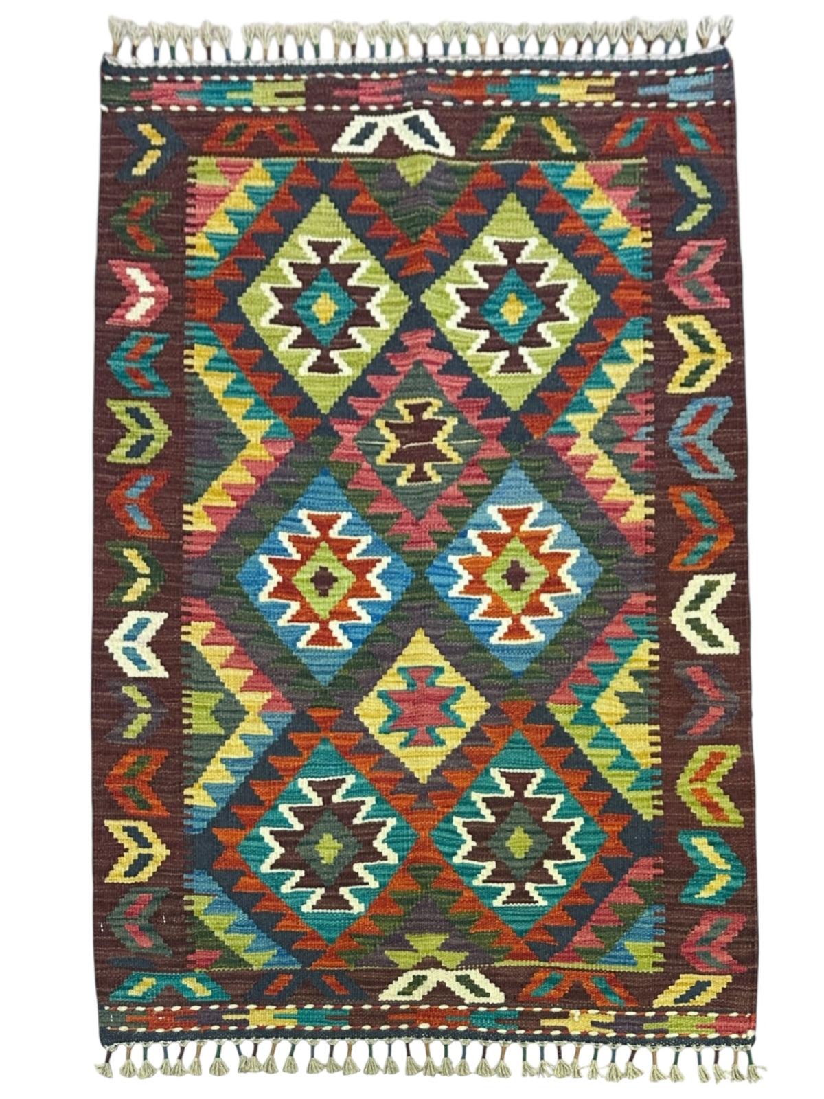 Afghan Kilim Rug 3x4, Brown, Rust & Olive Green, Hand-Woven Wool Flatweave
